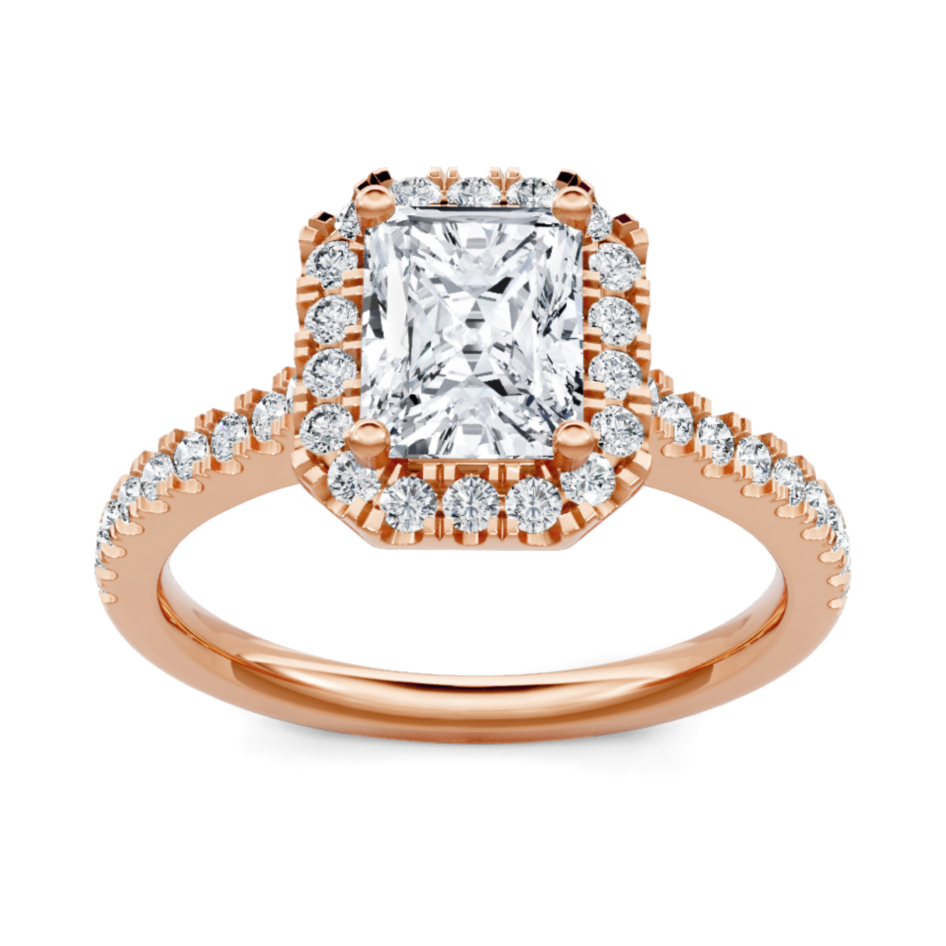 Crafted in 14K Rose' Gold and a halo setting featuring a round, emerald center diamond of 0.38 carats.