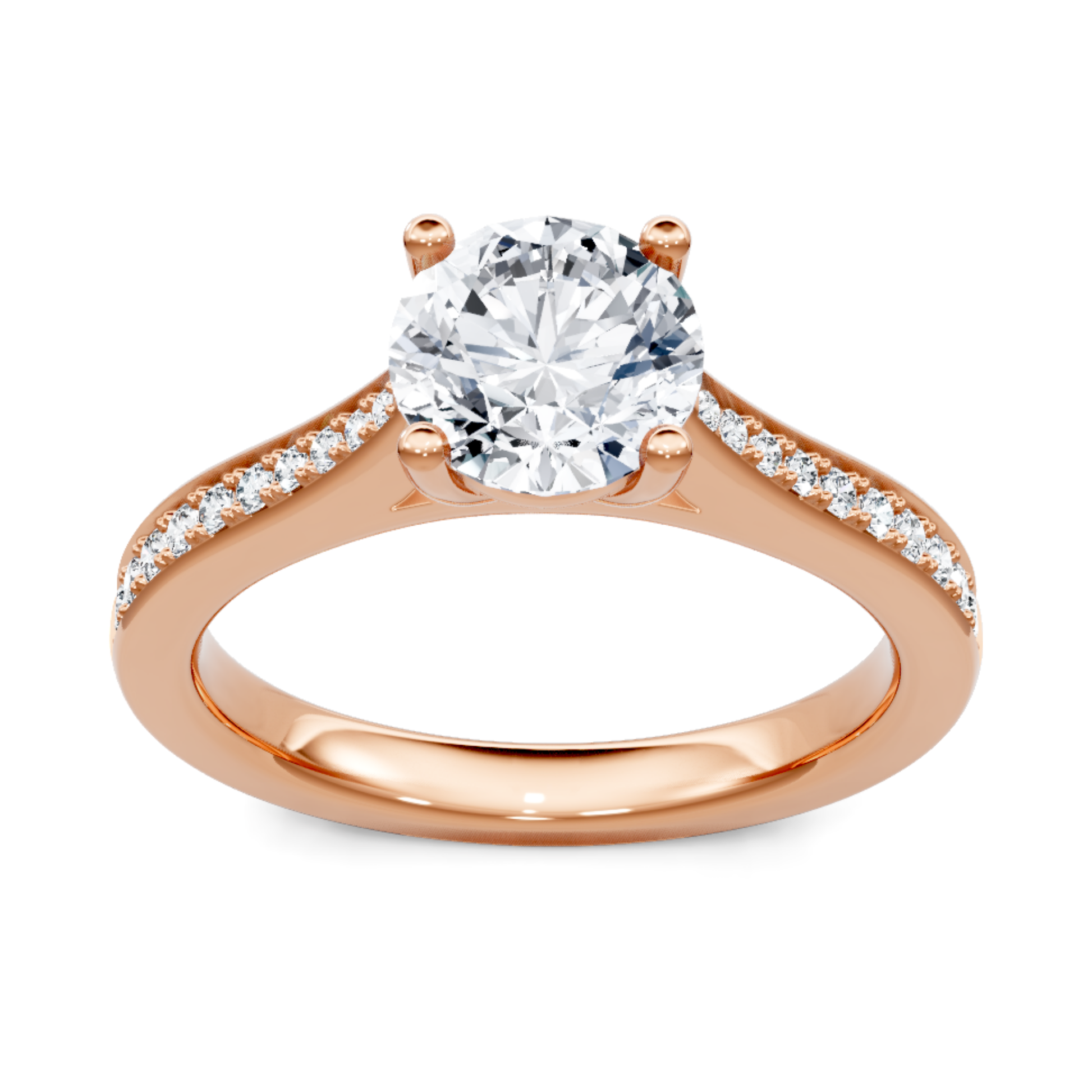 Crafted in 14K Rose' Gold and a pave' setting featuring a round center diamond of 0.17 carats.