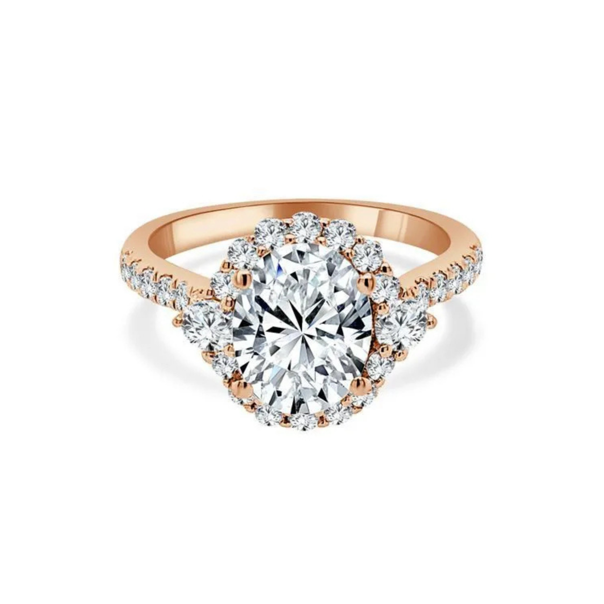 Crafted in 14K Rose' Gold and a halo setting featuring a round, oval center diamond of 0.67 carats.
