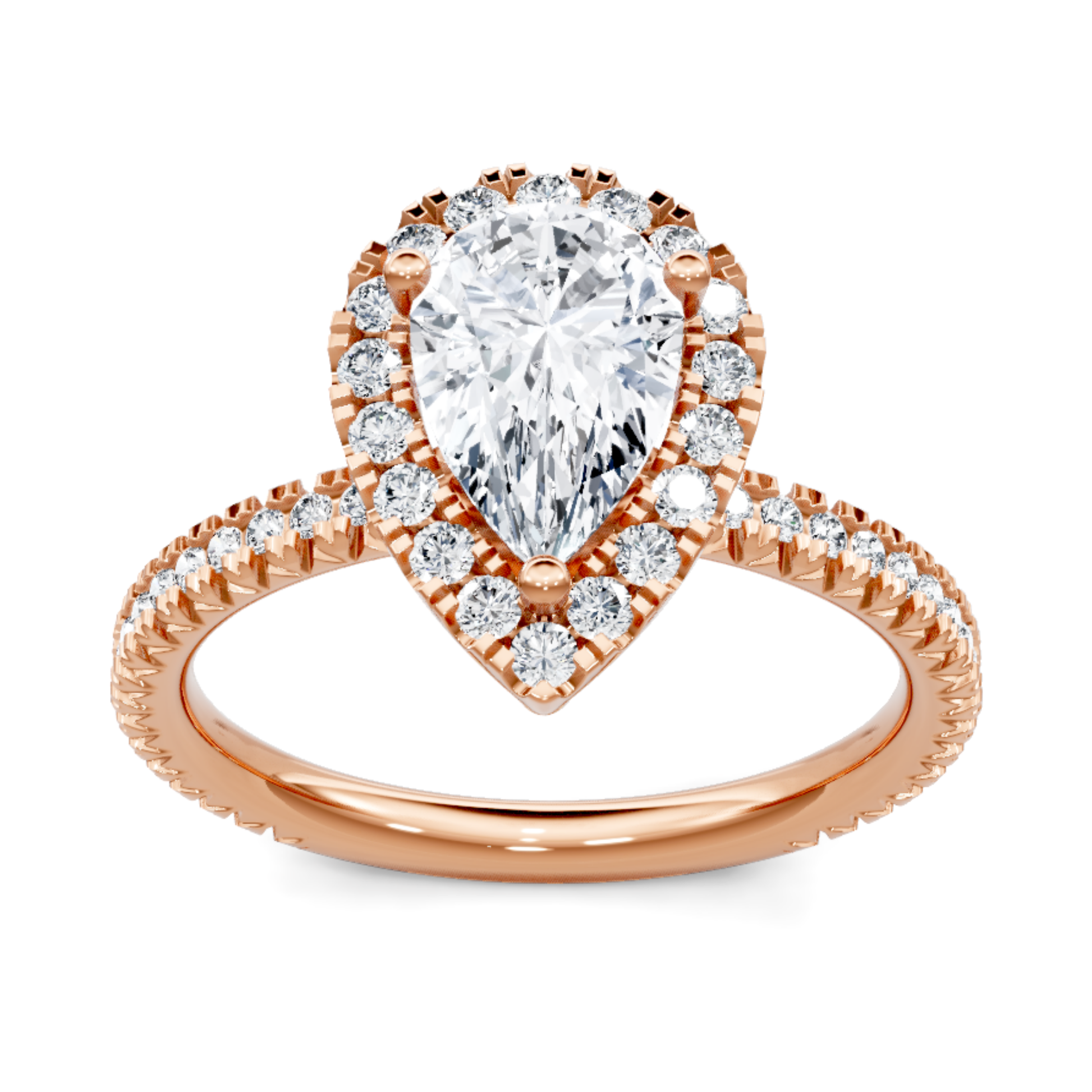 Crafted in 14K Rose' Gold and a halo setting featuring a round, pear center diamond of 0.4 carats.