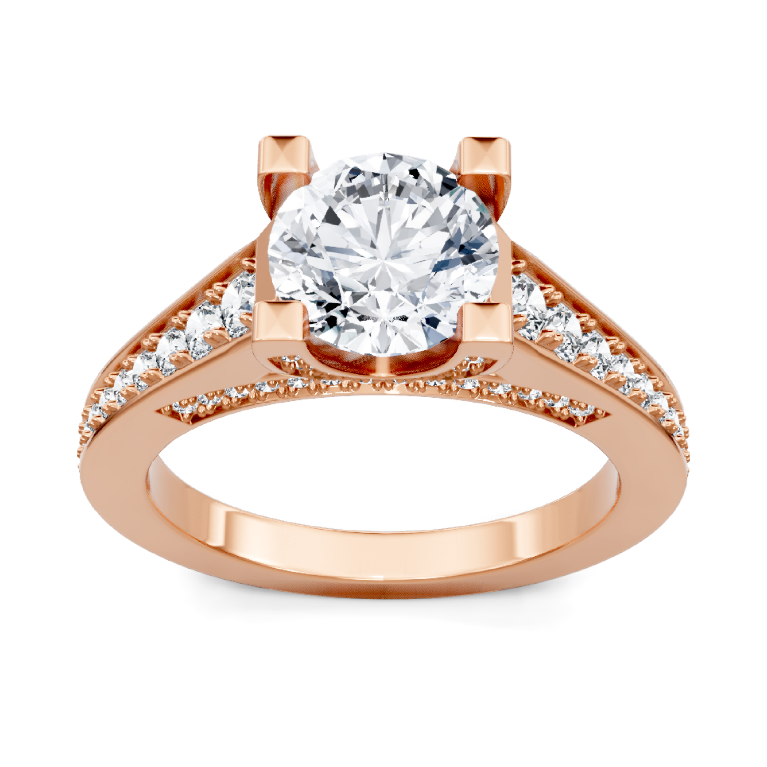 Crafted in 14K Rose' Gold and a pave' setting featuring a round center diamond of 0.5 carats.