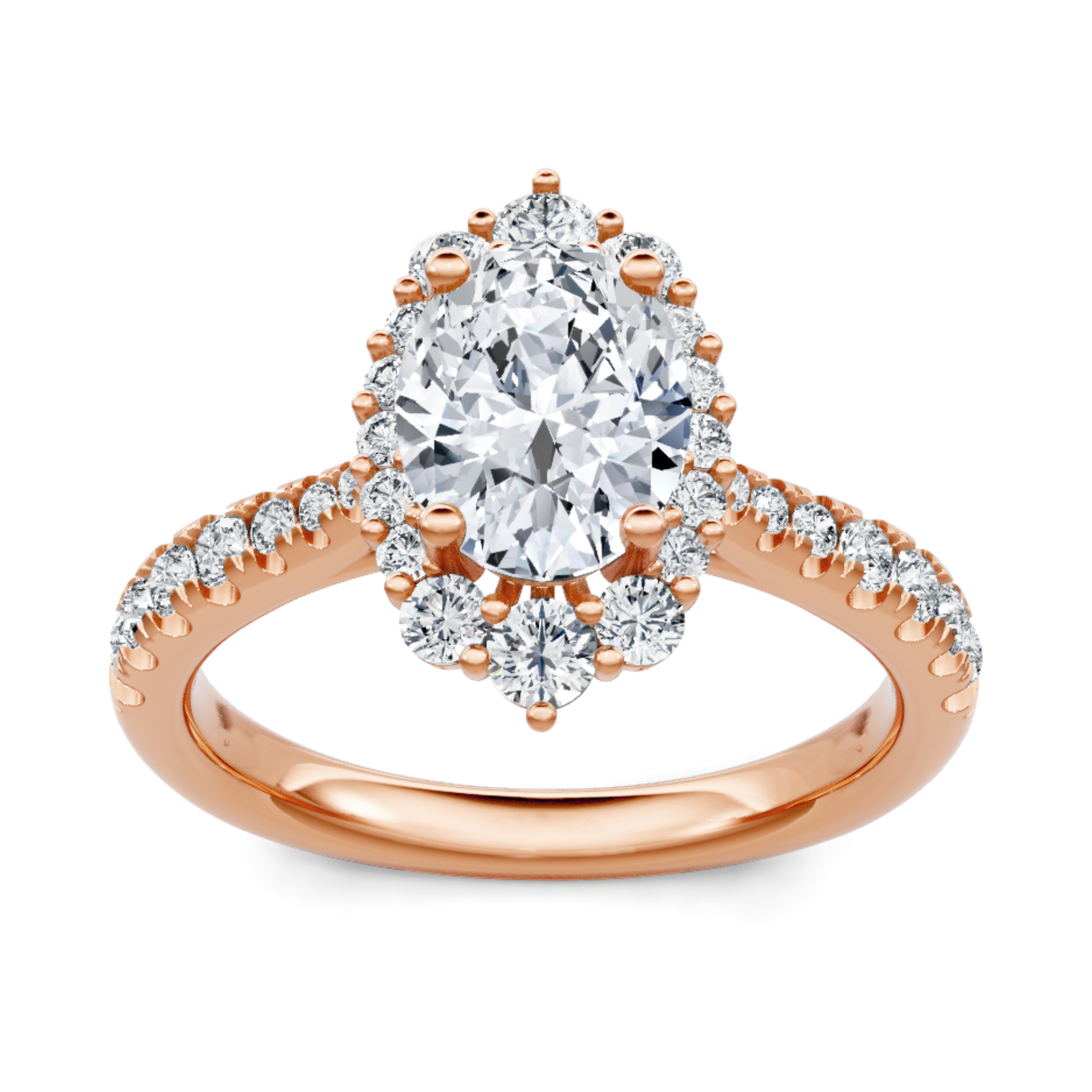 Crafted in 14K Rose' Gold and a halo setting featuring a round, oval center diamond of 0.5 carats.