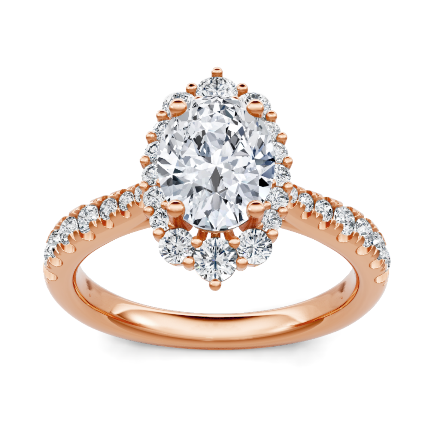 Crafted in 14K Rose' Gold and a halo setting featuring a round, oval center diamond of 0.5 carats.
