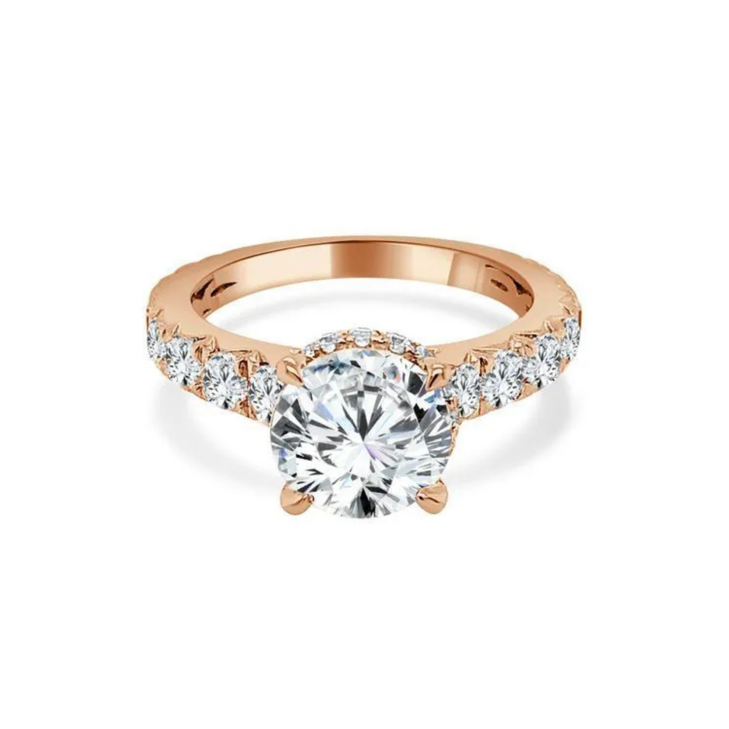 Crafted in 14K Rose' Gold and a pave' setting featuring a round center diamond of 1.0 carats.