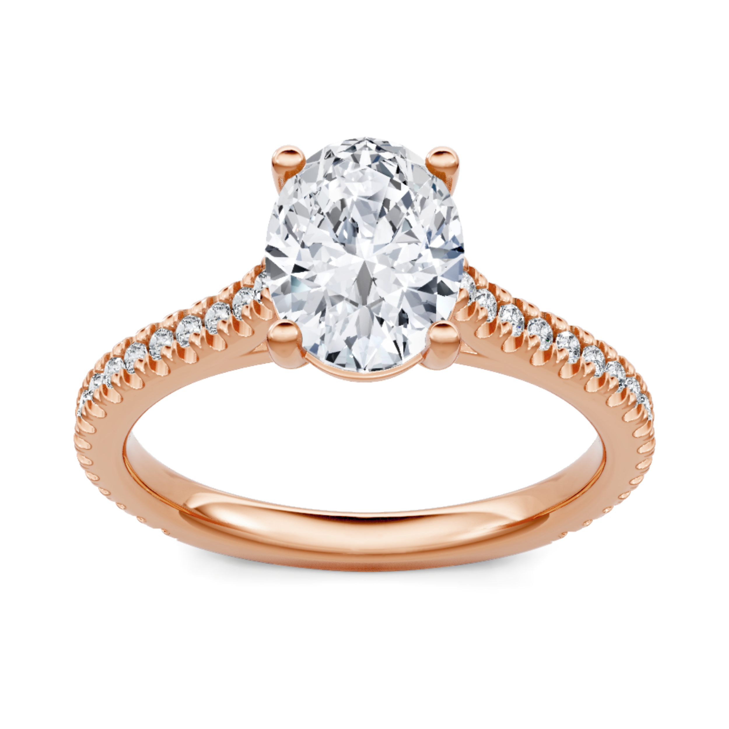 Crafted in 14K Rose' Gold and a pave' setting featuring a round, princess center diamond of 0.25 carats.