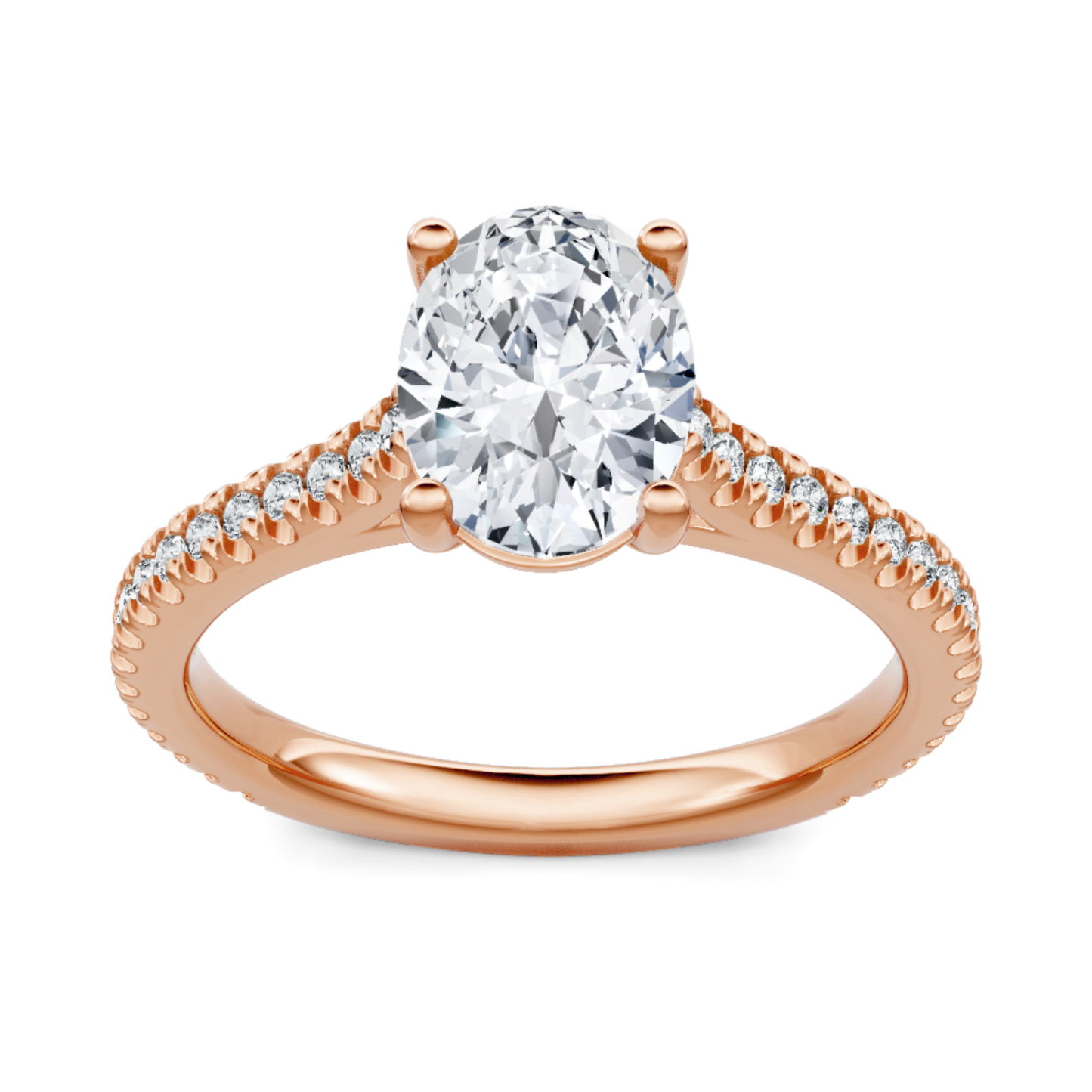 Crafted in 14K Rose' Gold and a pave' setting featuring a round, princess center diamond of 0.25 carats.
