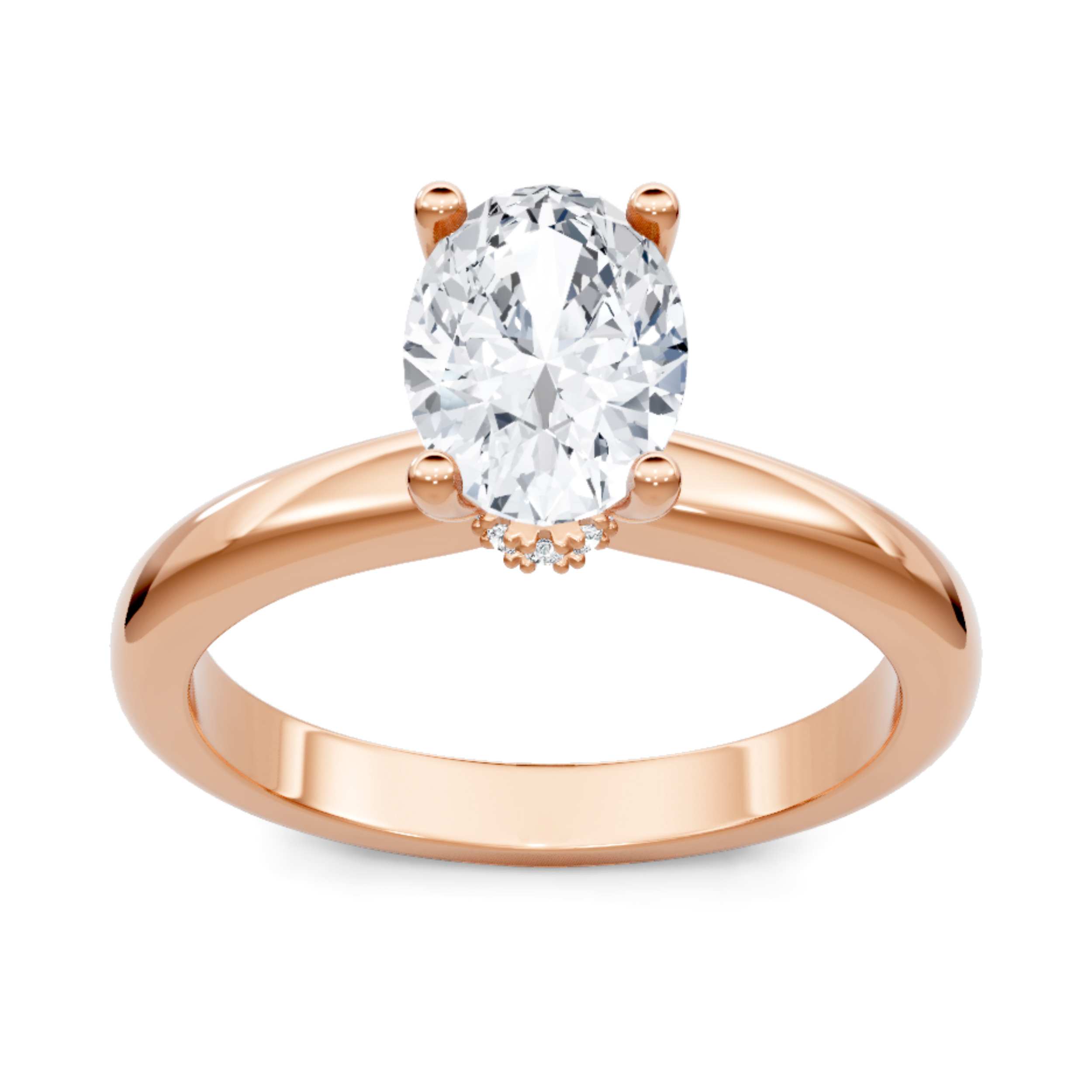 Crafted in 14K Rose' Gold and a solitaire setting featuring a round, oval center diamond of 0.04 carats.
