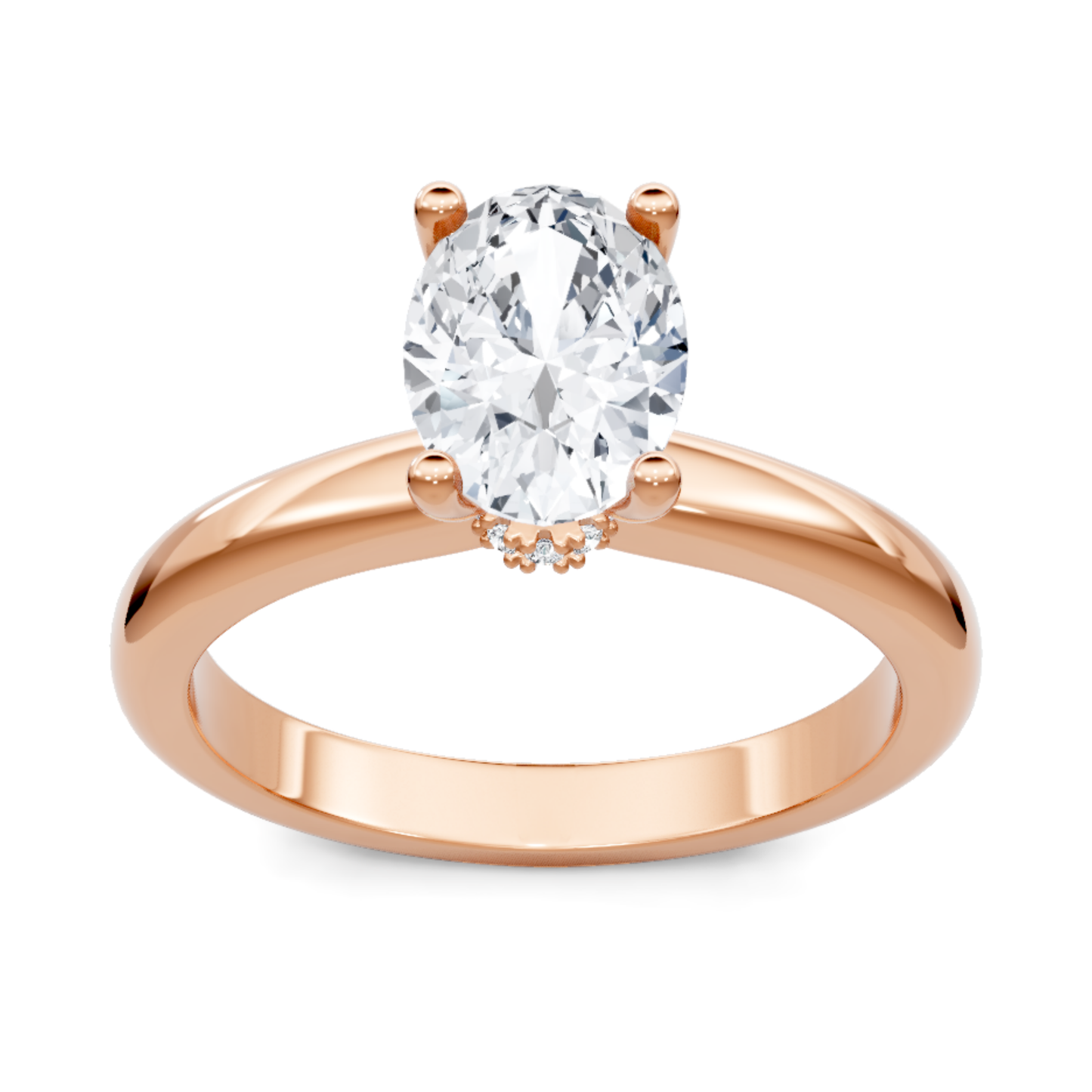 Crafted in 14K Rose' Gold and a solitaire setting featuring a round, oval center diamond of 0.04 carats.