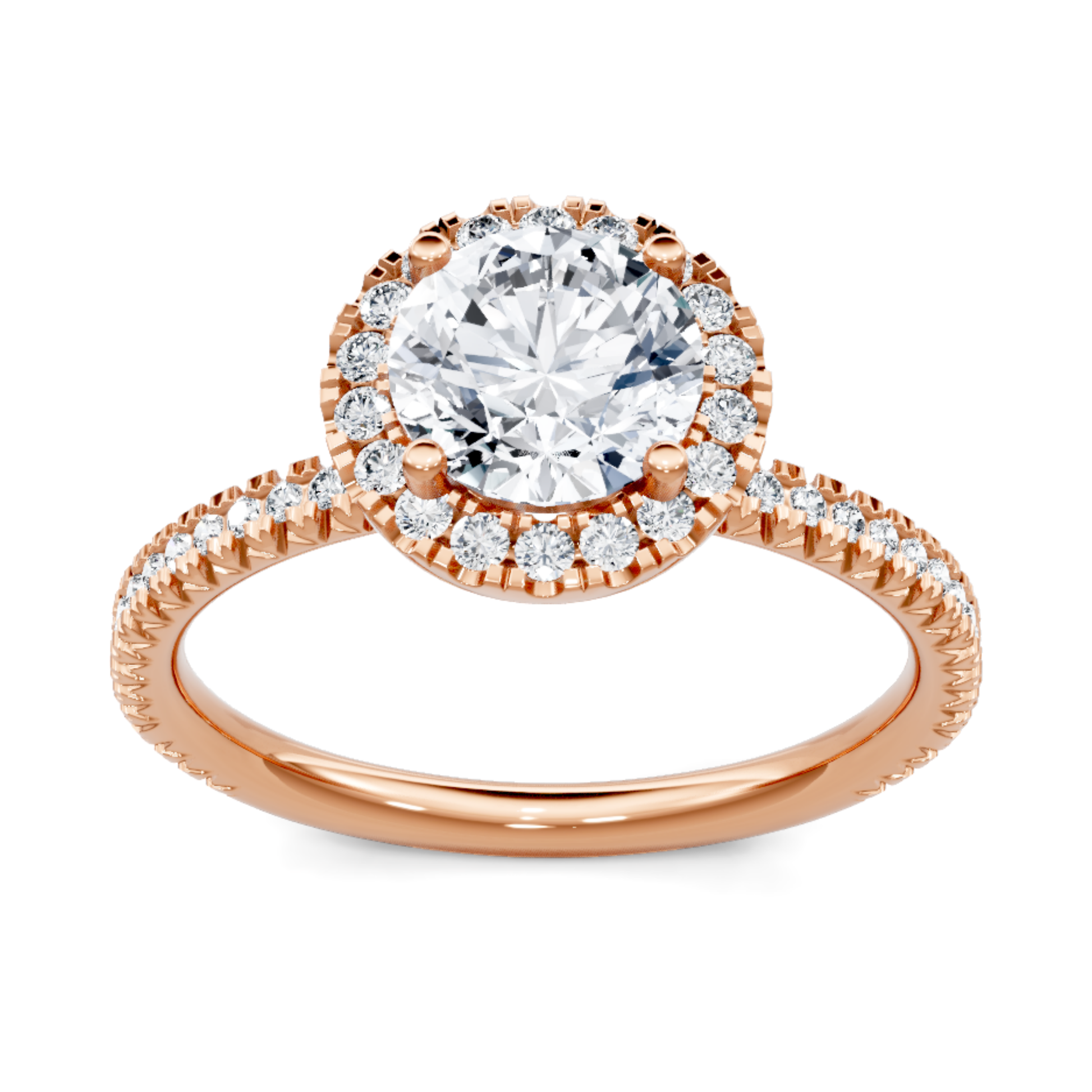 Crafted in 14K Rose' Gold and a halo setting featuring a round center diamond of 0.38 carats.