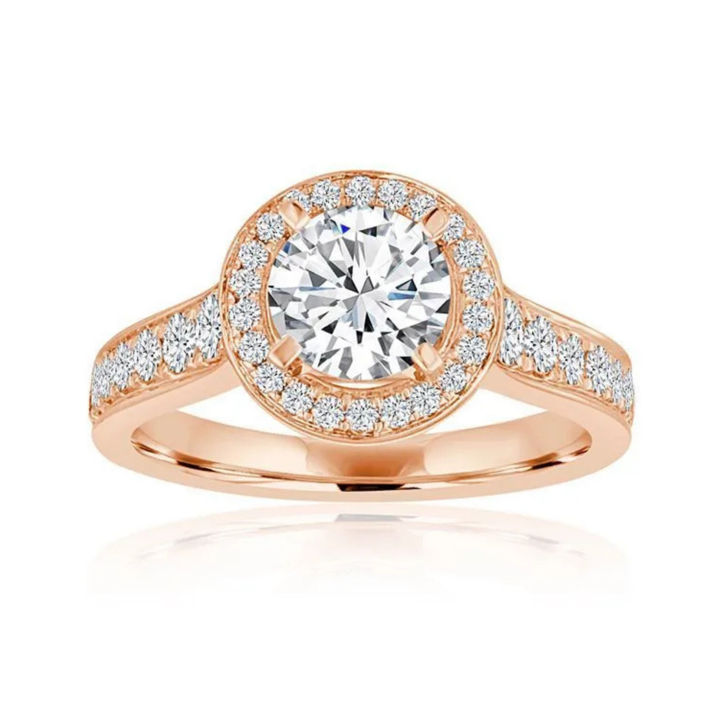 Crafted in 14K Rose' Gold and a halo setting featuring a round center diamond of 0.6 carats.