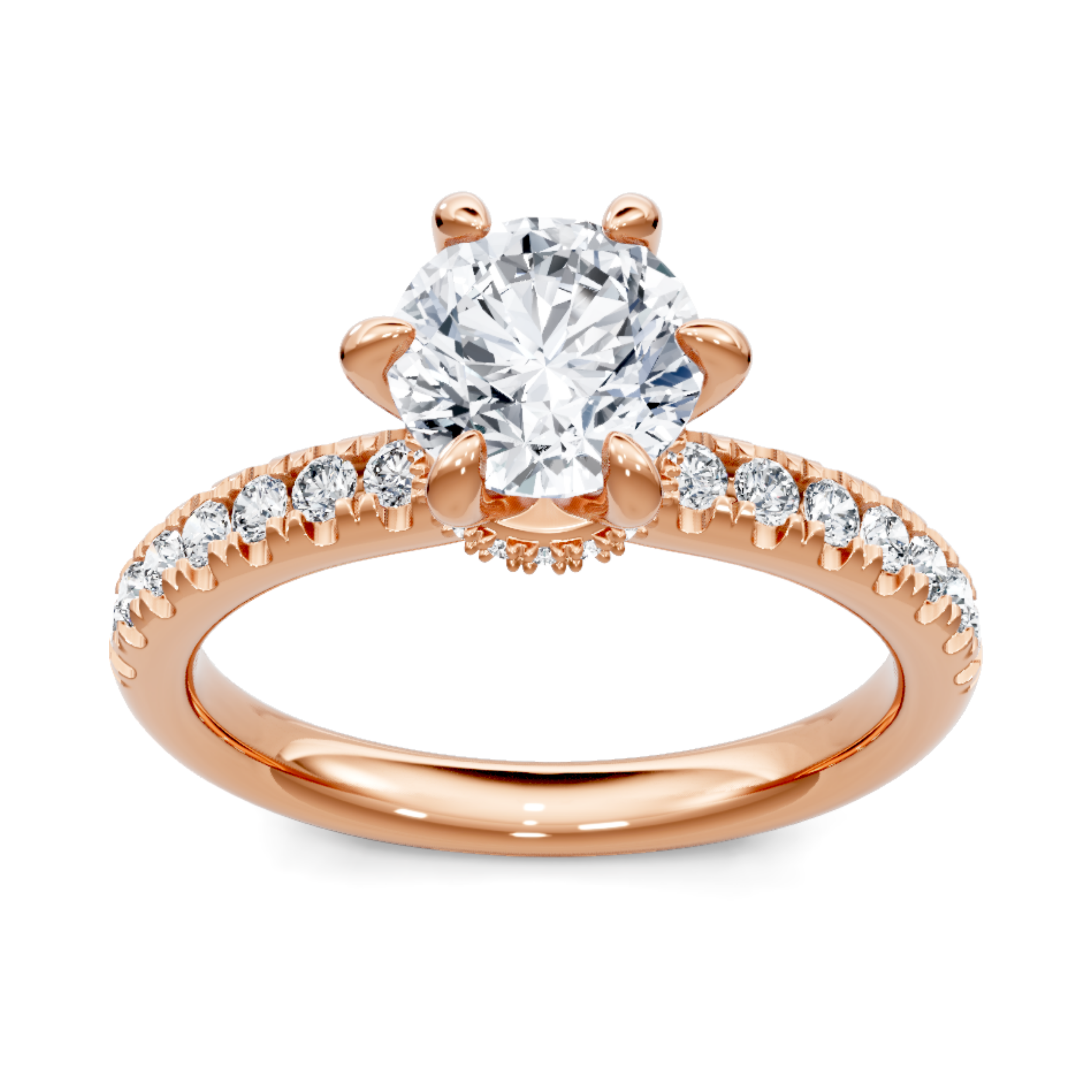 Crafted in 14K Rose' Gold and a pave' setting featuring a round center diamond of 0.75 carats.