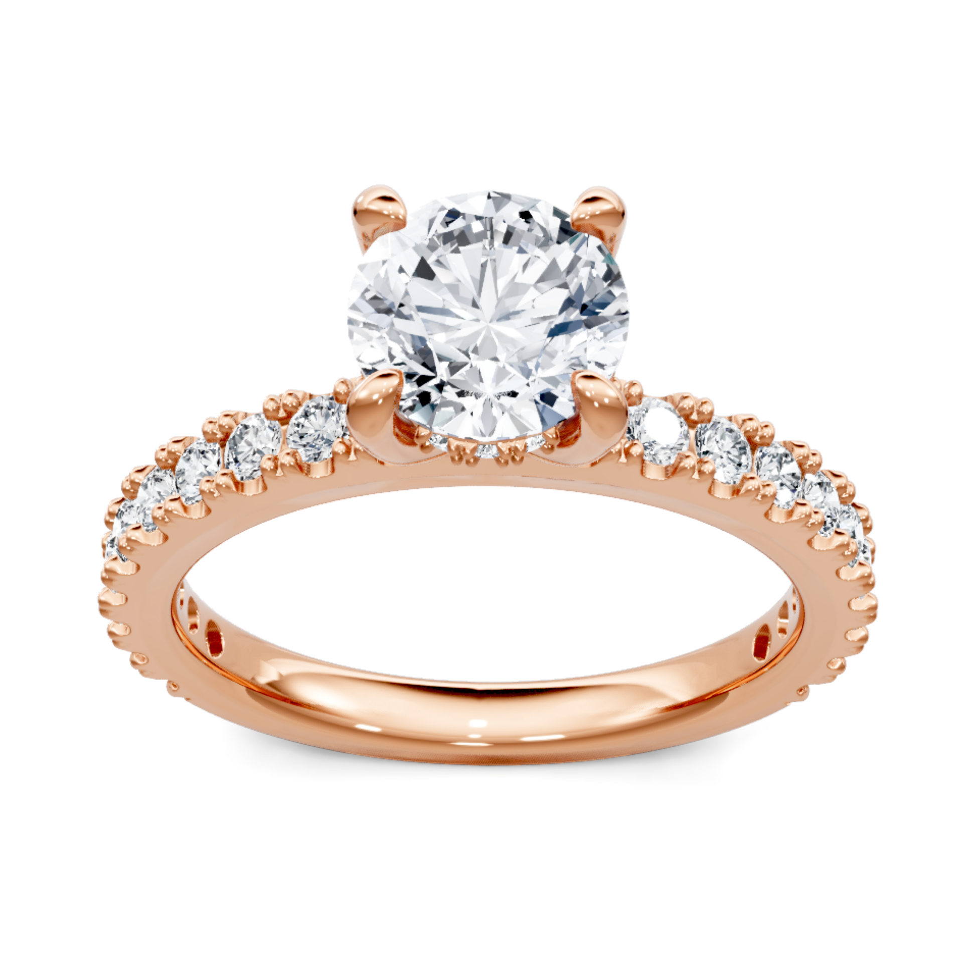 Crafted in 14K Rose' Gold and a pave' setting featuring a round center diamond of 0.33 carats.