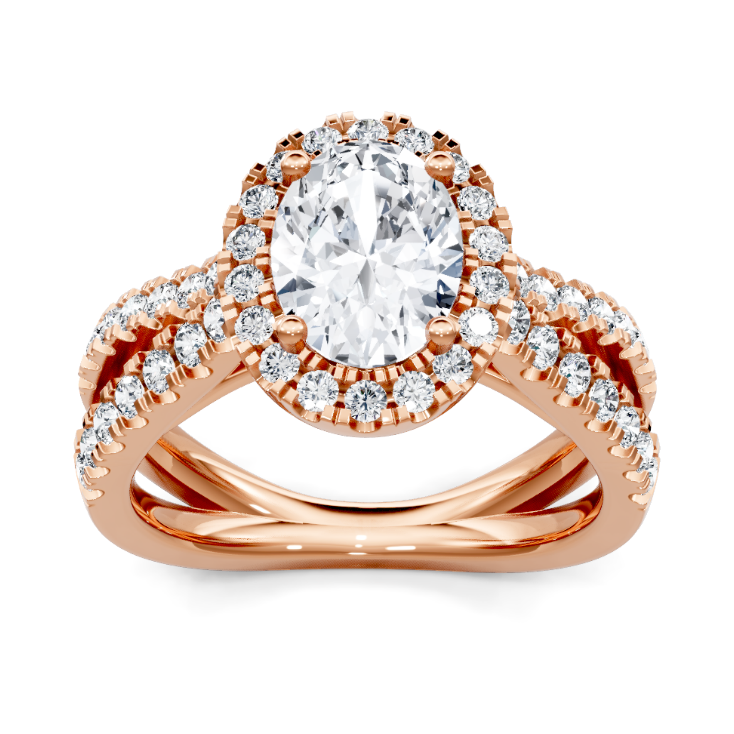 Crafted in 14K Rose' Gold and a halo setting featuring a round, oval center diamond of 0.17 carats.