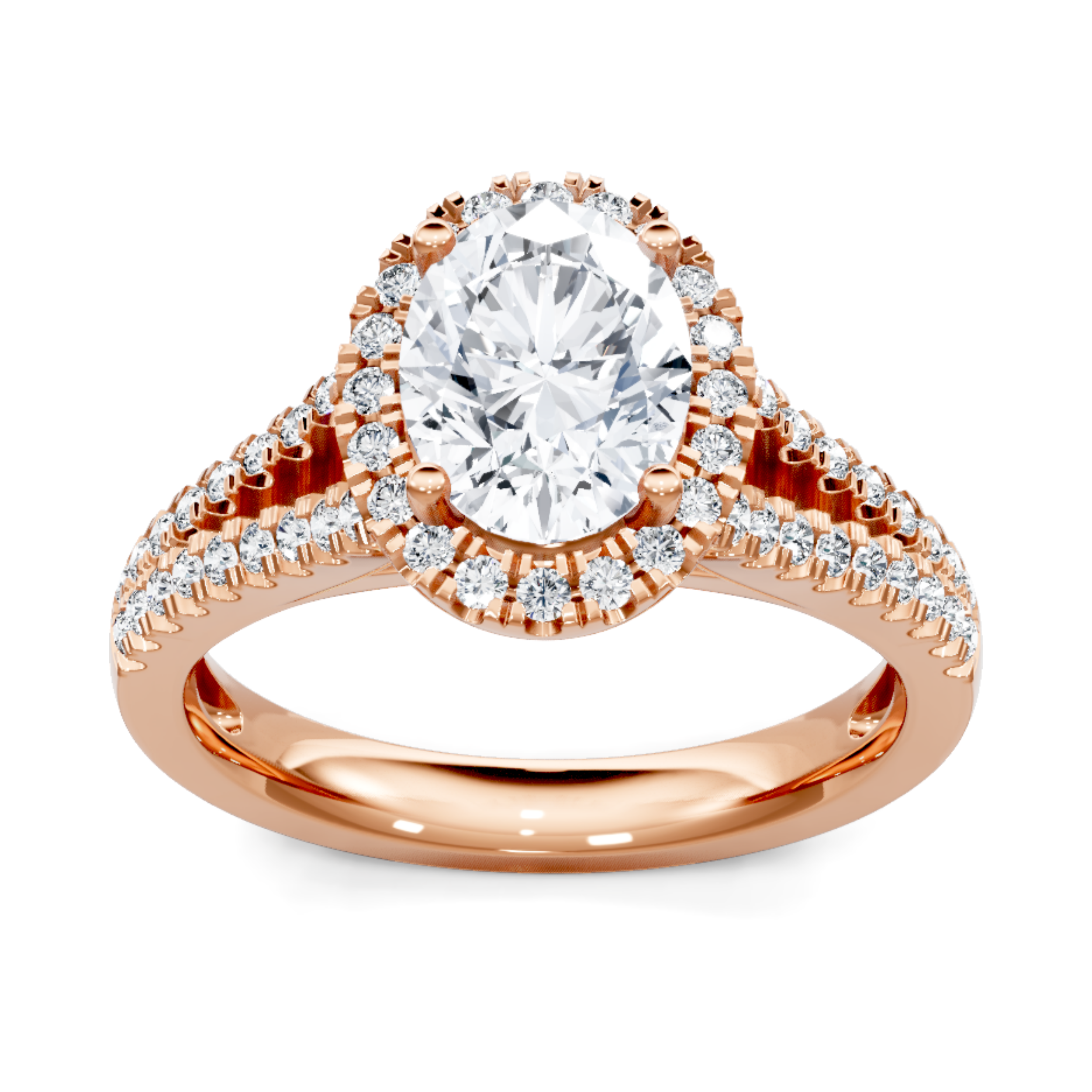 Crafted in 14K Rose' Gold and a halo setting featuring a round, oval center diamond of 0.33 carats.