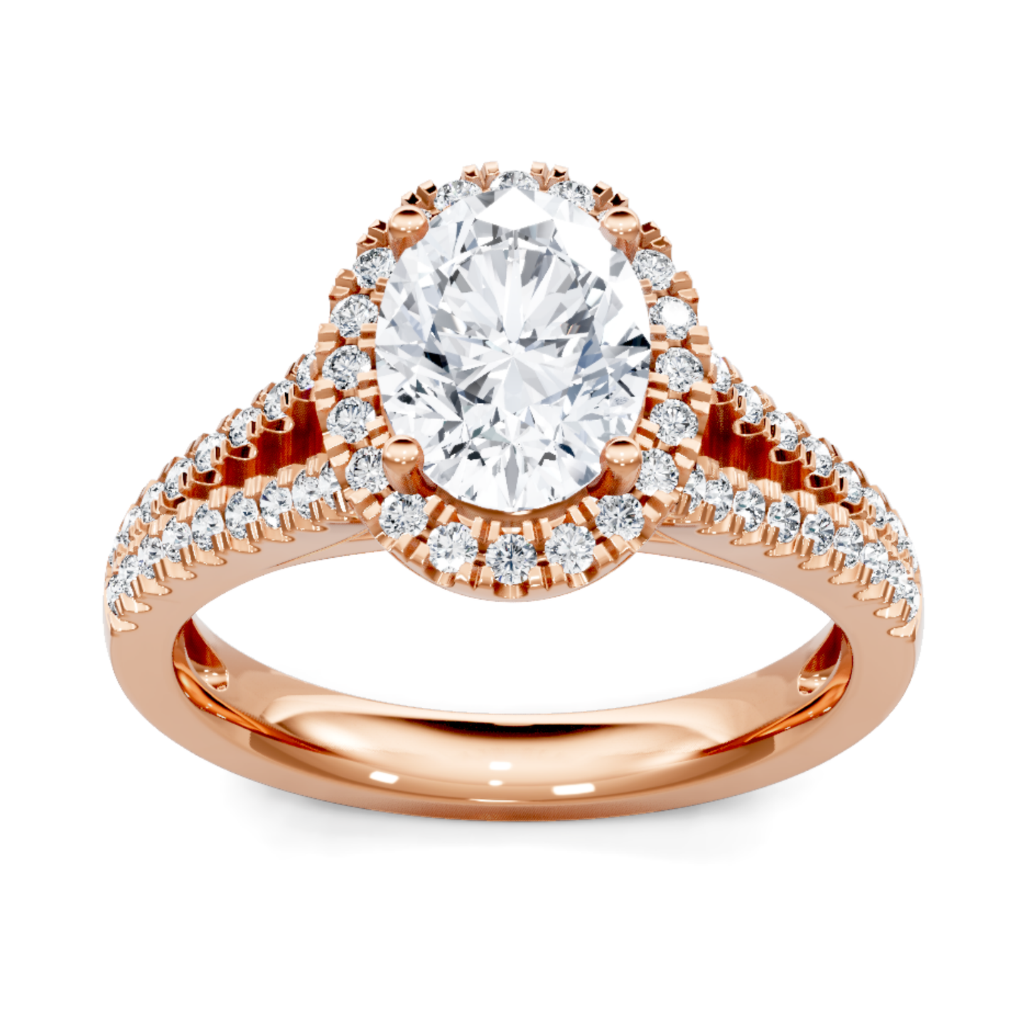 Crafted in 14K Rose' Gold and a halo setting featuring a round, oval center diamond of 0.33 carats.
