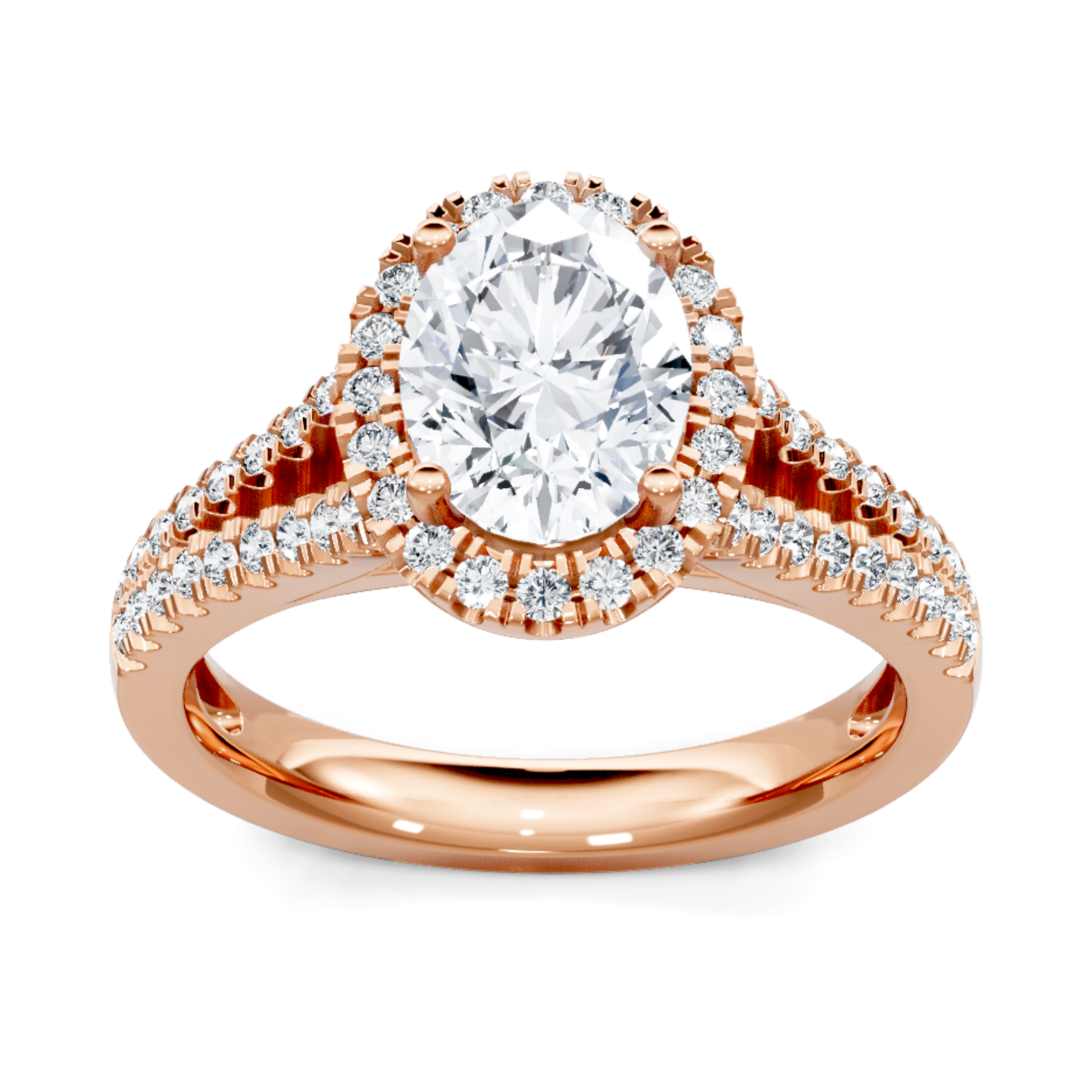 Crafted in 14K Rose' Gold and a halo setting featuring a round, oval center diamond of 0.33 carats.