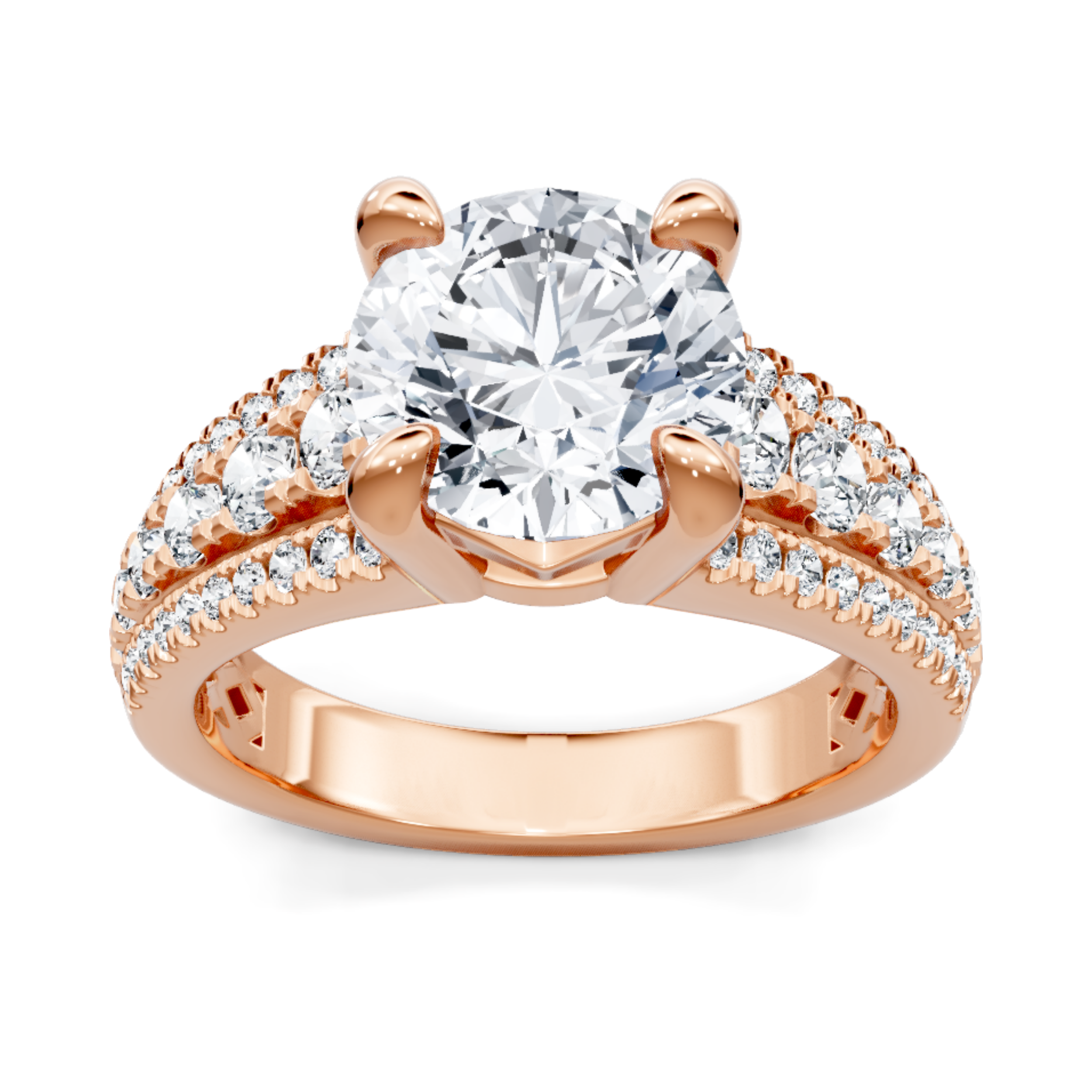 Crafted in 14K Rose' Gold and a pave' setting featuring a round center diamond of 0.75 carats.
