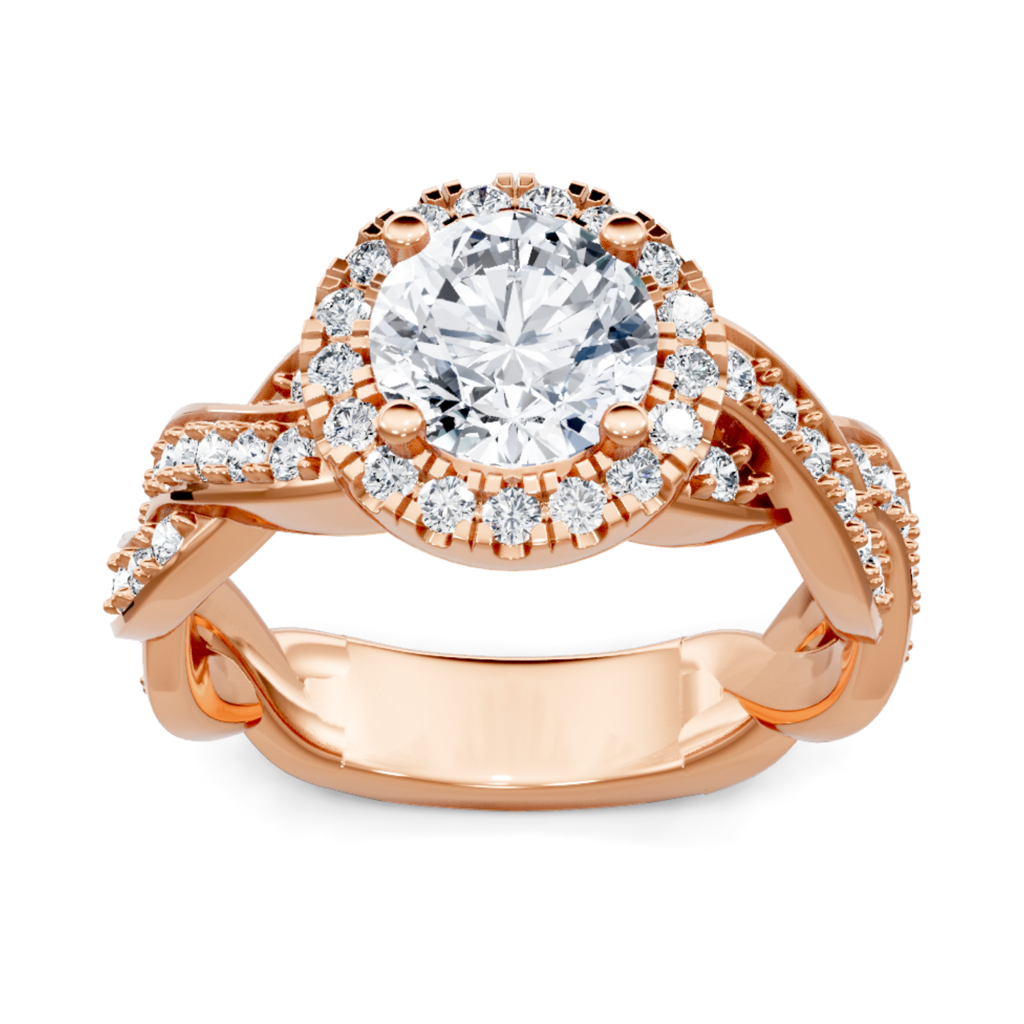 Crafted in 14K Rose' Gold and a halo setting featuring a round center diamond of 0.17 carats.