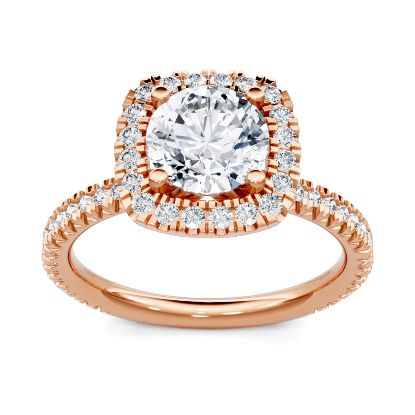 Crafted in 14K Rose' Gold and a halo setting featuring a round, cushion center diamond of 0.38 carats.