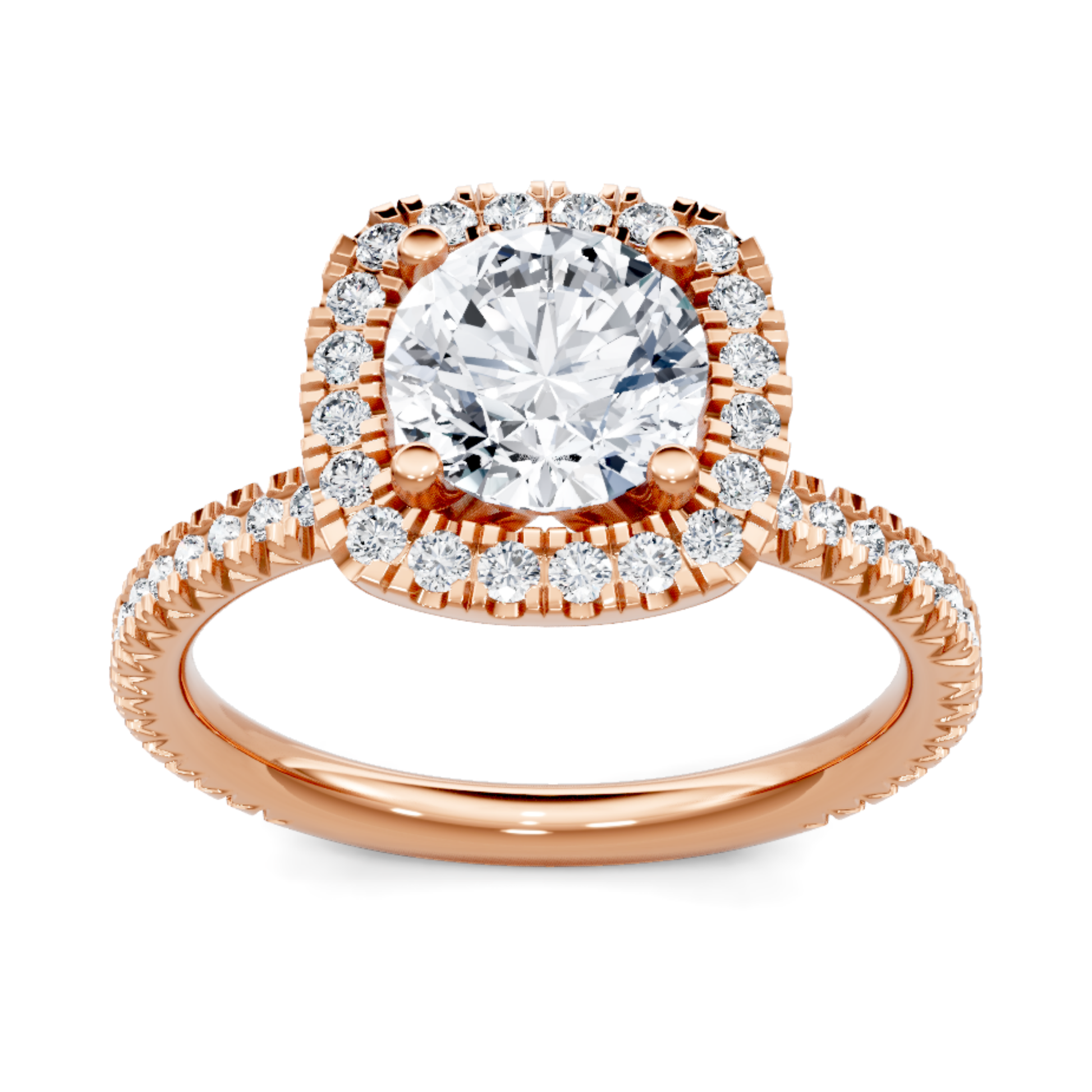 Crafted in 14K Rose' Gold and a halo setting featuring a round, cushion center diamond of 0.38 carats.