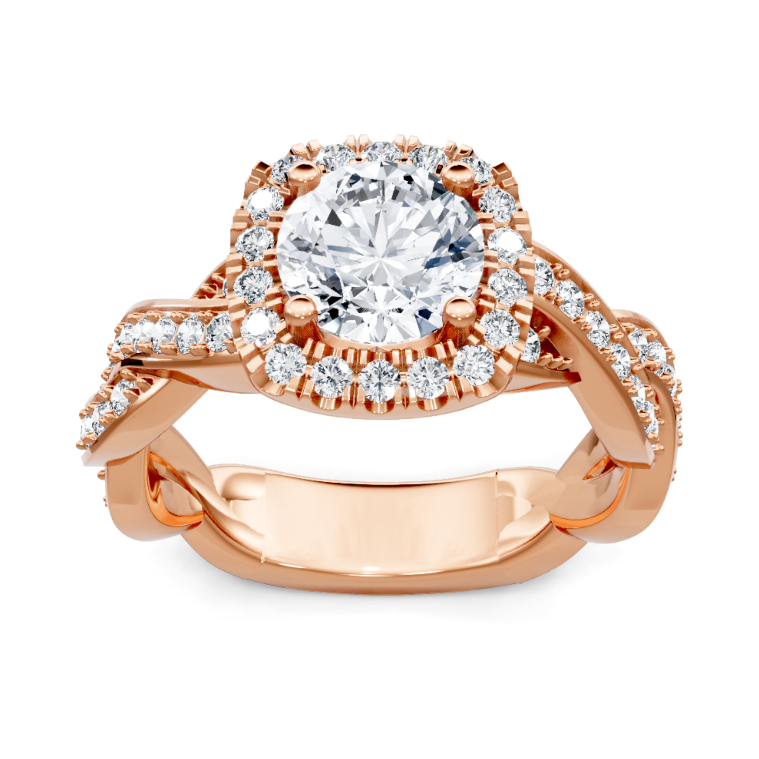 Crafted in 14K Rose' Gold and a halo setting featuring a round, cushion center diamond of 0.17 carats.