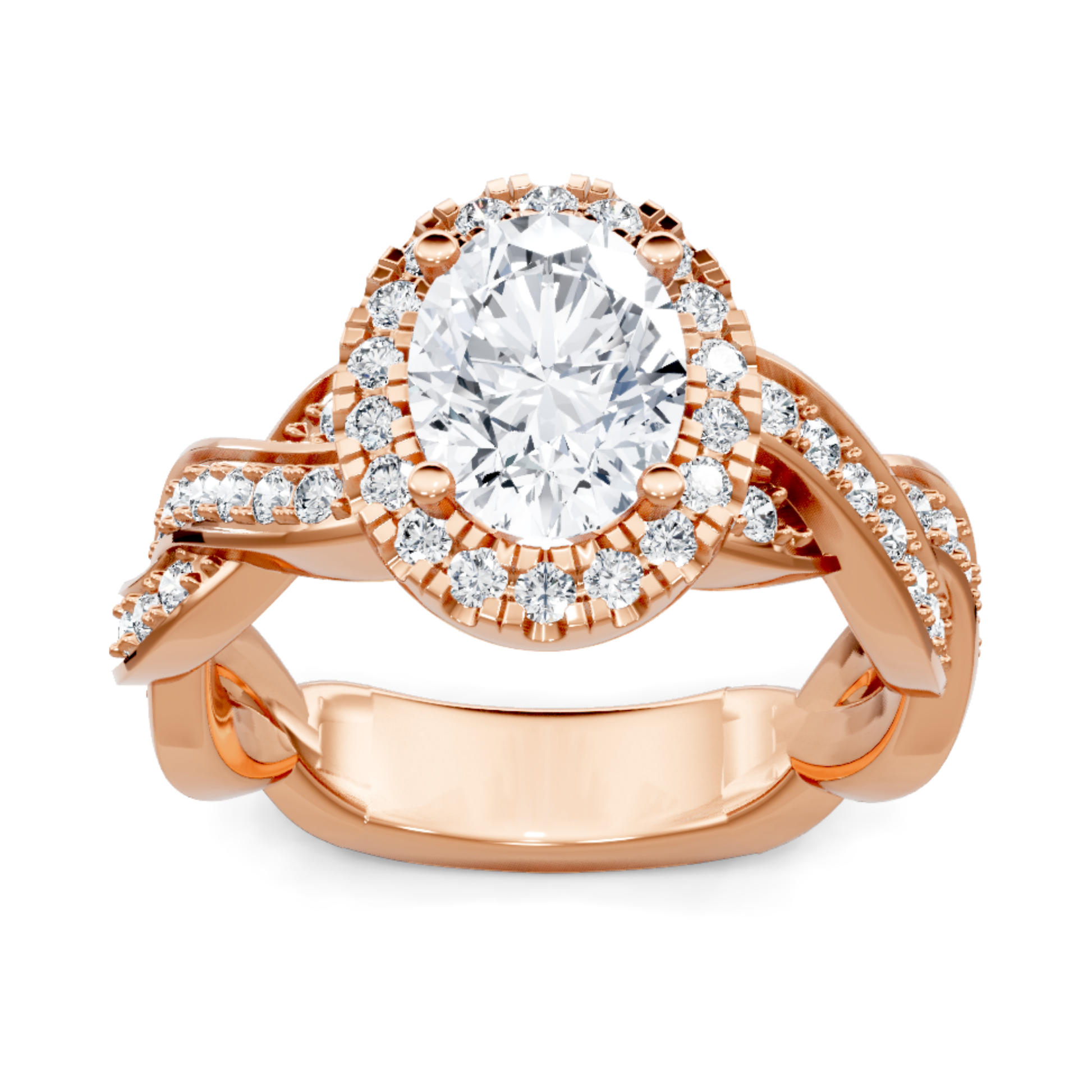 Crafted in 14K Rose' Gold and a halo setting featuring a round, oval center diamond of 0.6 carats.
