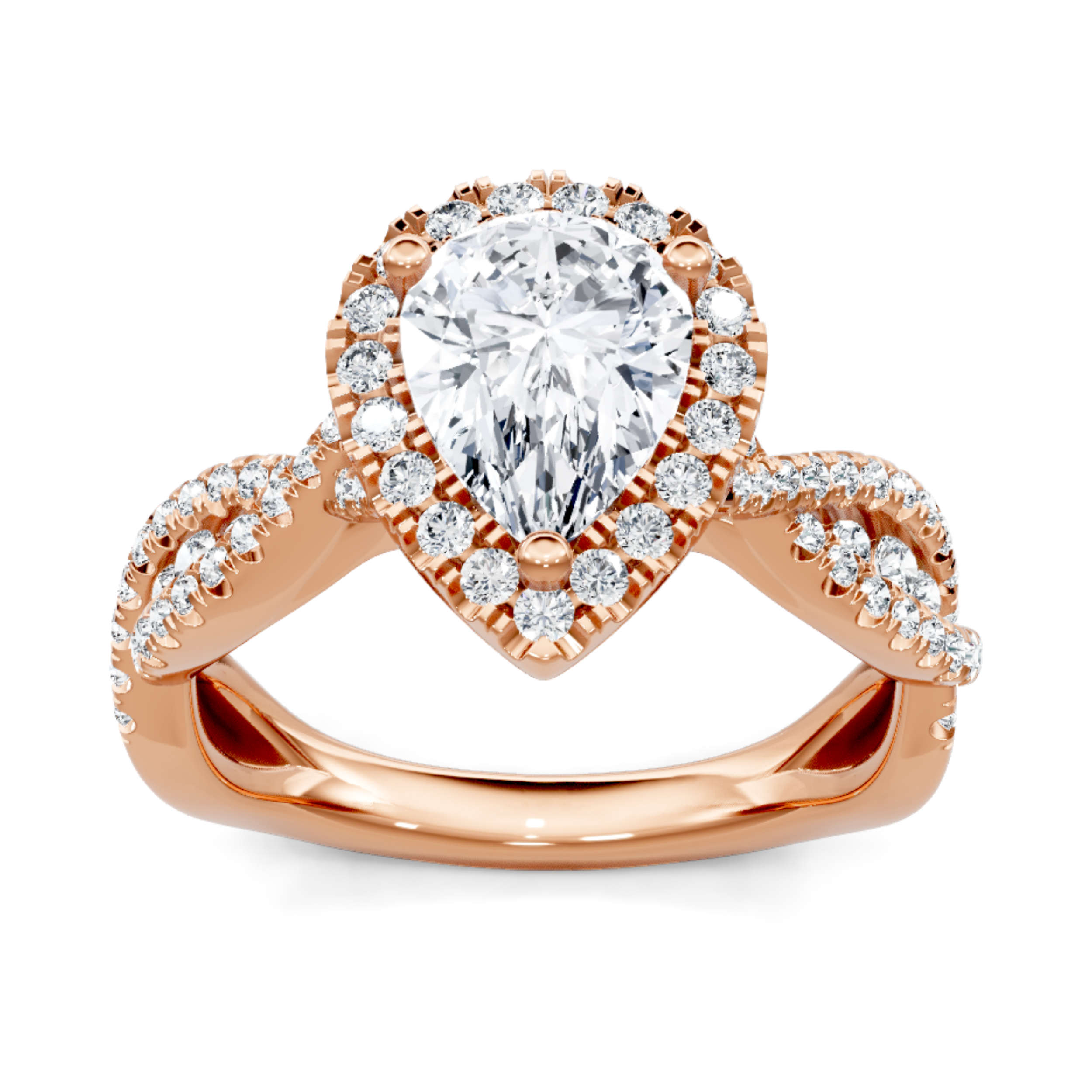 Crafted in 14K Rose' Gold and a halo setting featuring a round, pear center diamond of 0.5 carats.