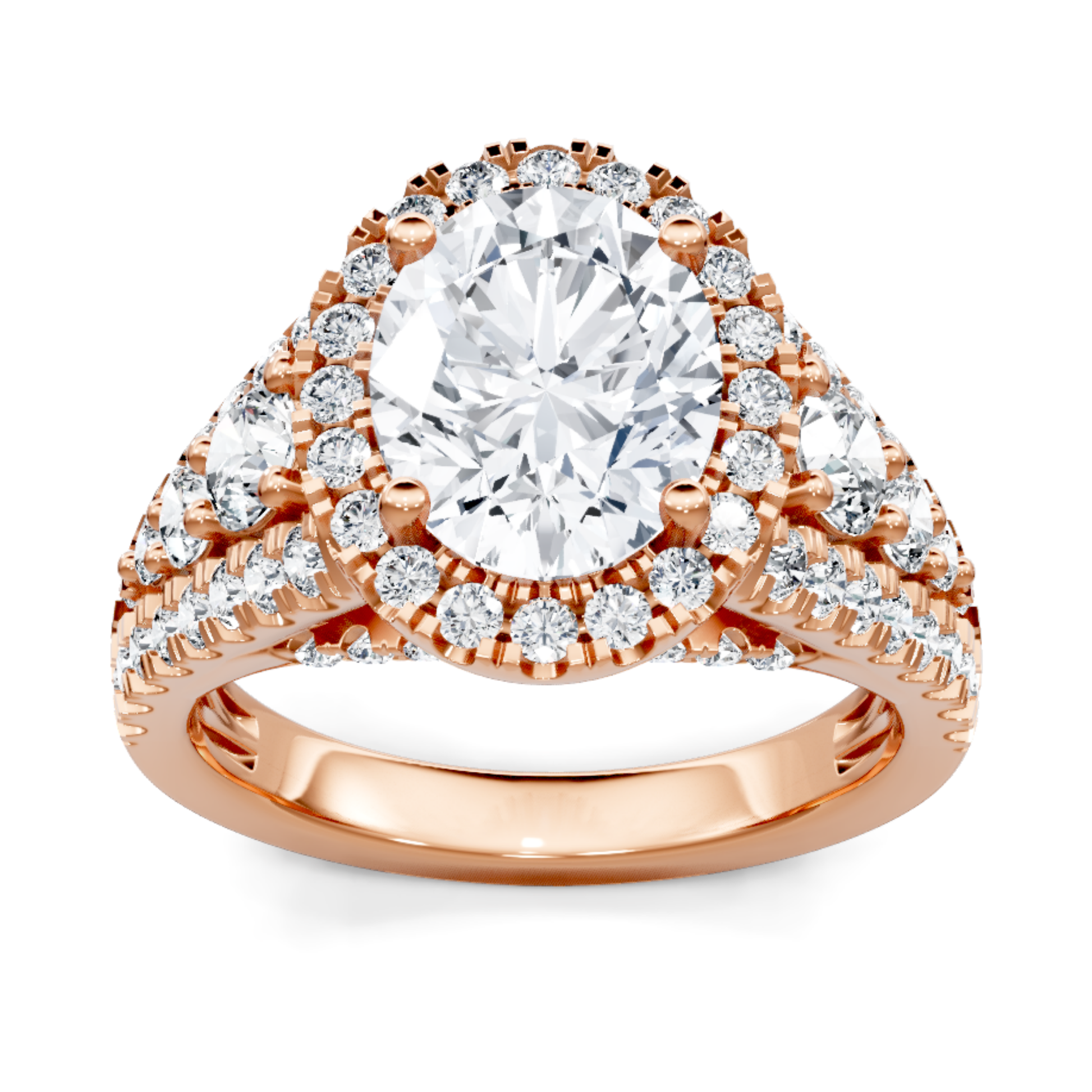 Crafted in 14K Rose' Gold and a halo setting featuring a round, oval center diamond of 1.2 carats.