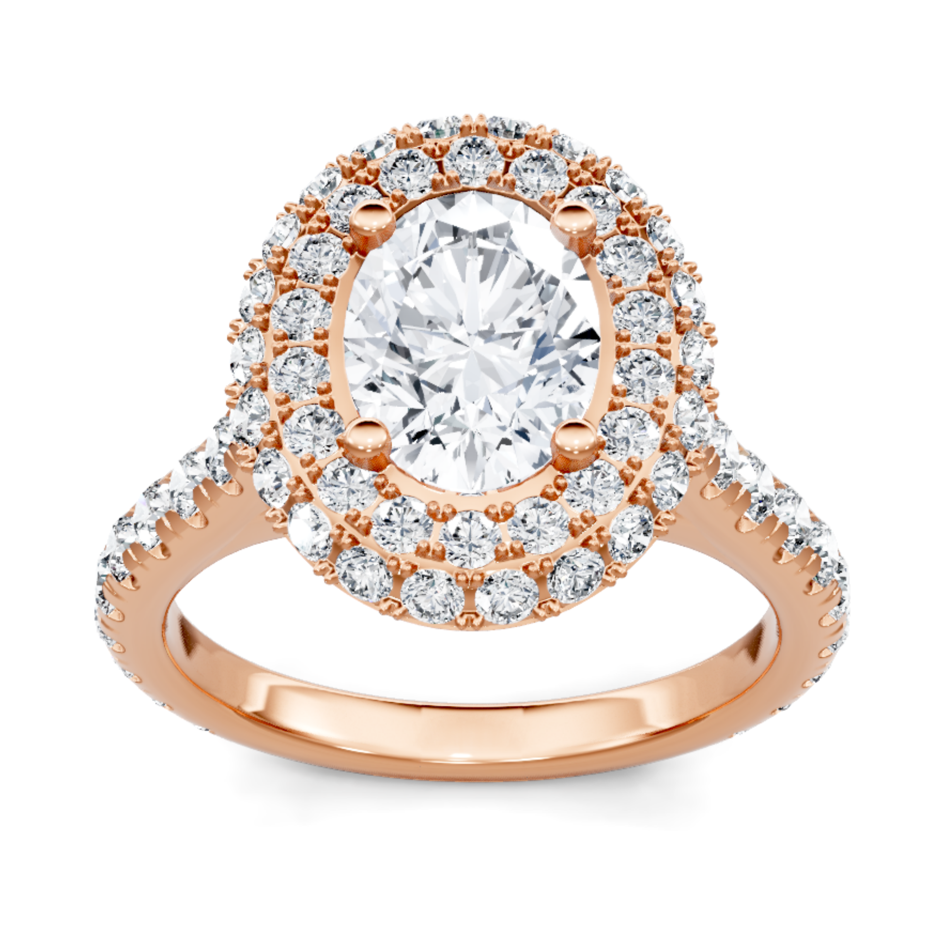 Crafted in 14K Rose' Gold and a halo setting featuring a round, oval center diamond of 1.25 carats.