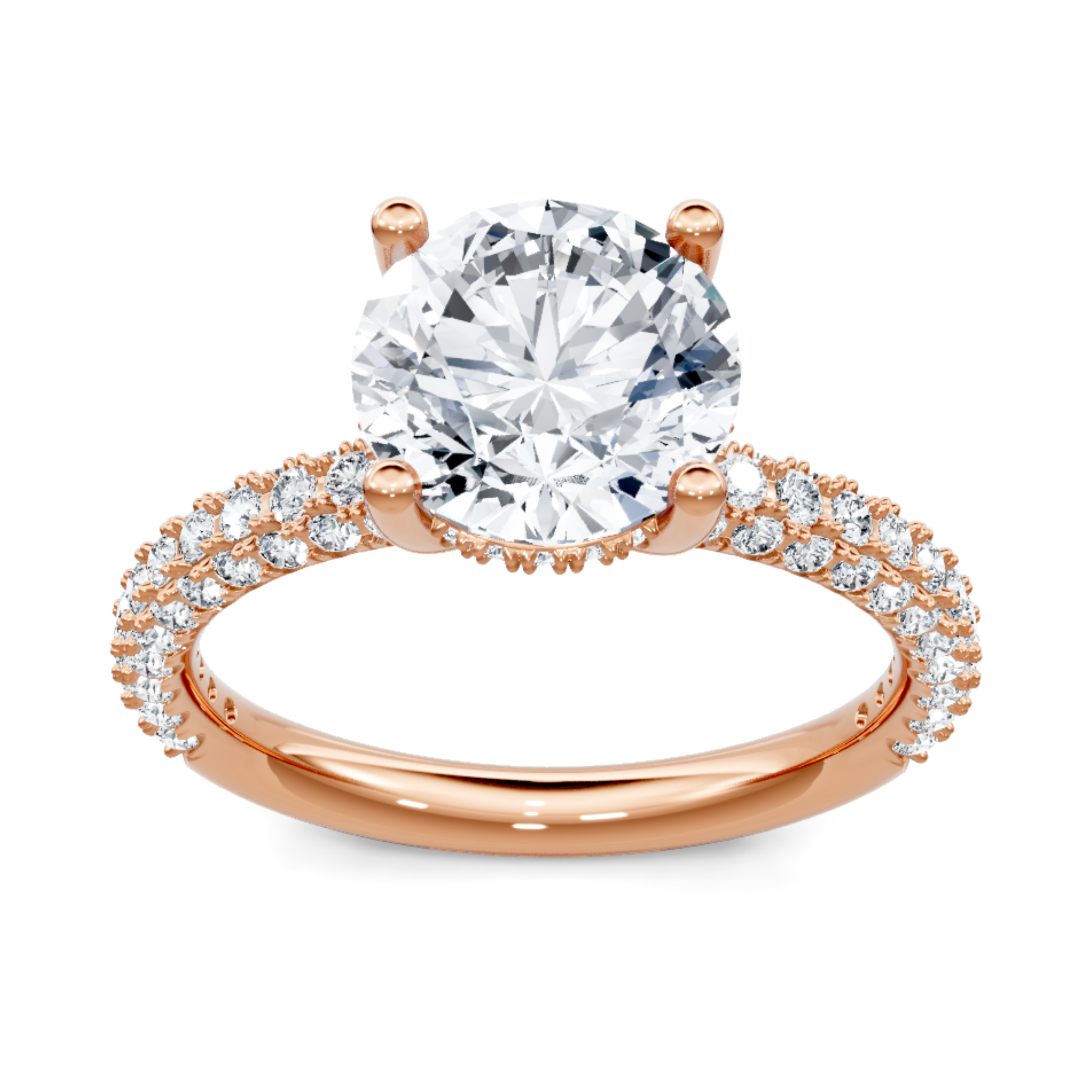 Crafted in 14K Rose' Gold and a pave' setting featuring a round, pear center diamond of 0.62 carats.