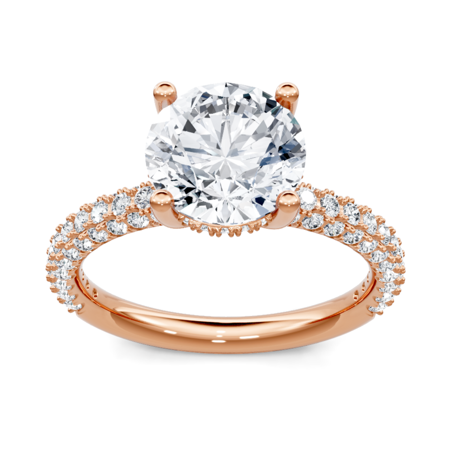 Crafted in 14K Rose' Gold and a pave' setting featuring a round, pear center diamond of 0.62 carats.