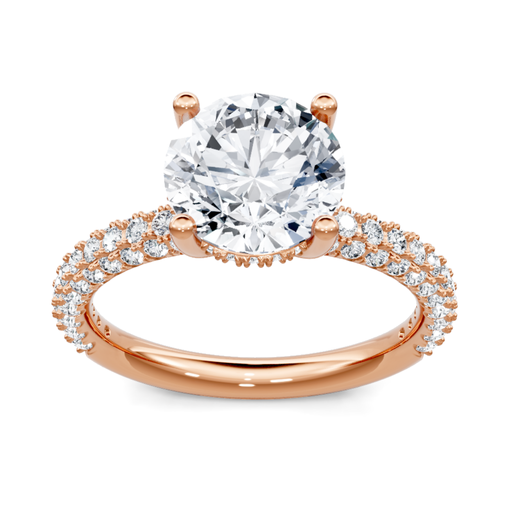Crafted in 14K Rose' Gold and a pave' setting featuring a round, pear center diamond of 0.62 carats.