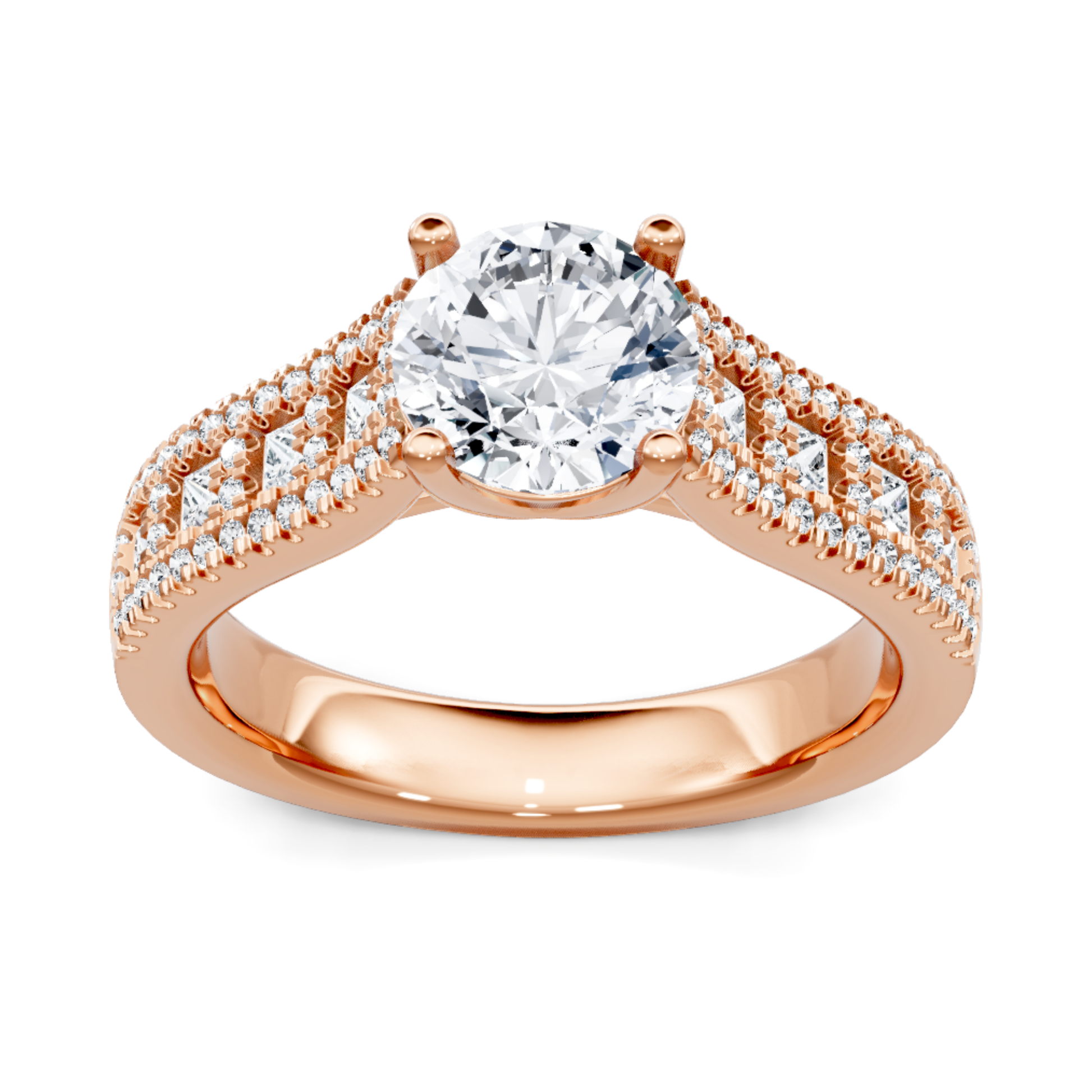 Crafted in 14K Rose' Gold and a pave' setting featuring a princess, round center diamond of 0.33 carats.