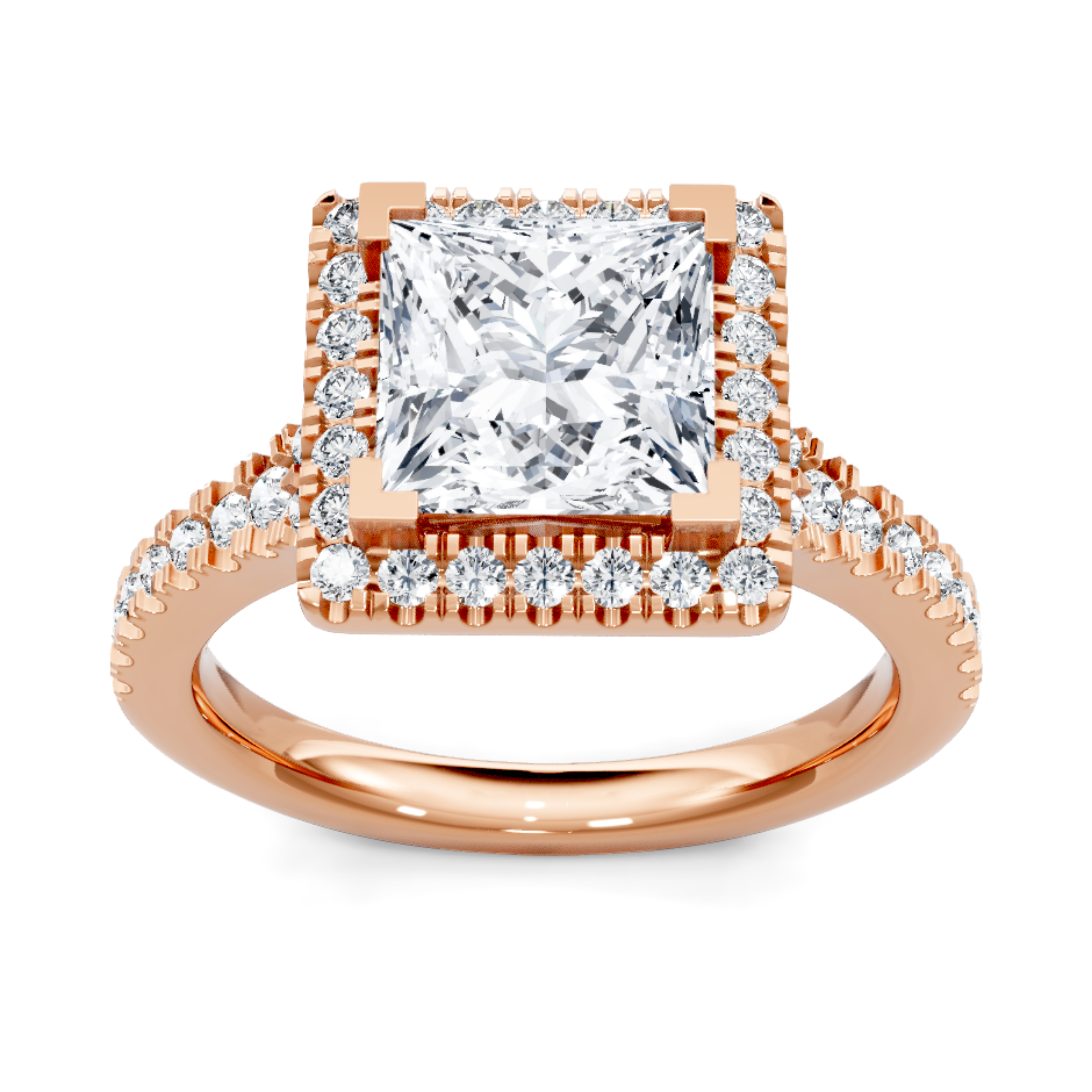 Crafted in 14K Rose' Gold and a halo setting featuring a round, princess center diamond of 0.4 carats.