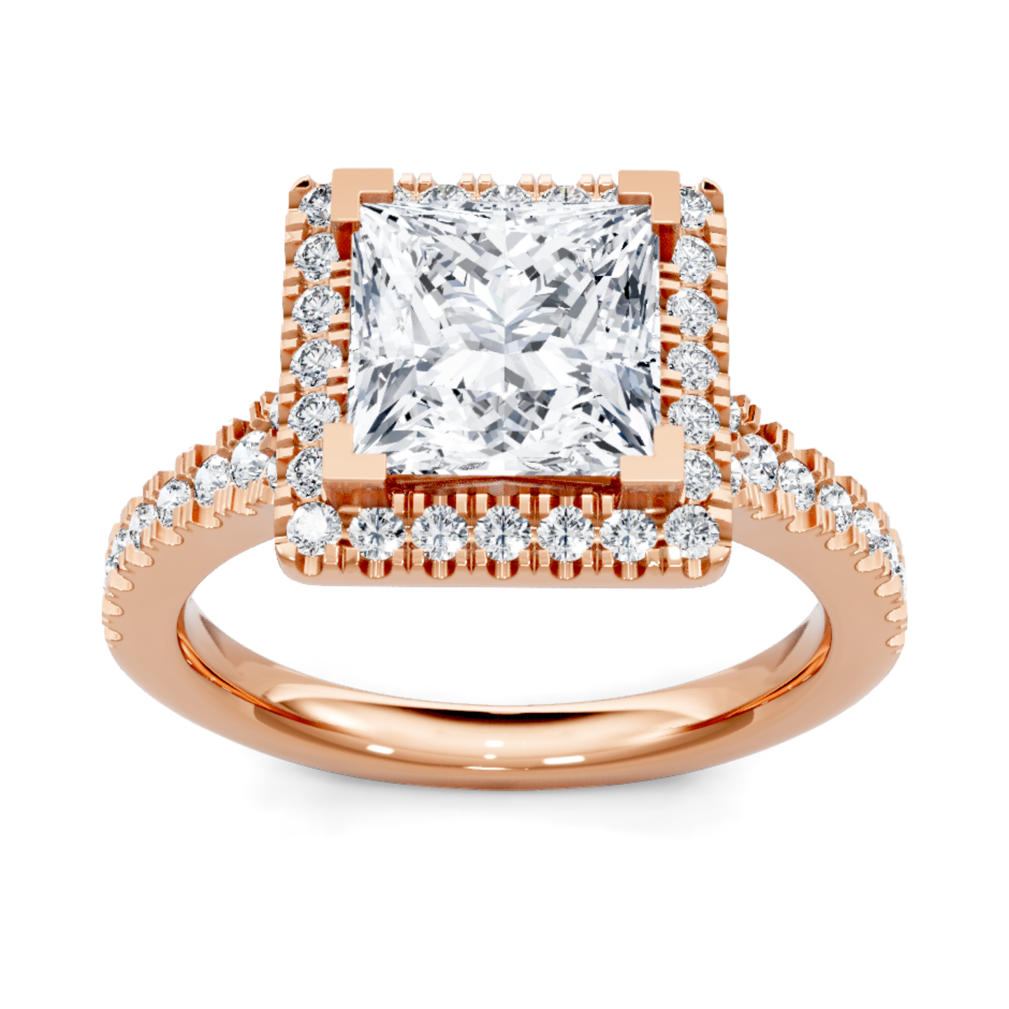 Crafted in 14K Rose' Gold and a halo setting featuring a round, princess center diamond of 0.4 carats.