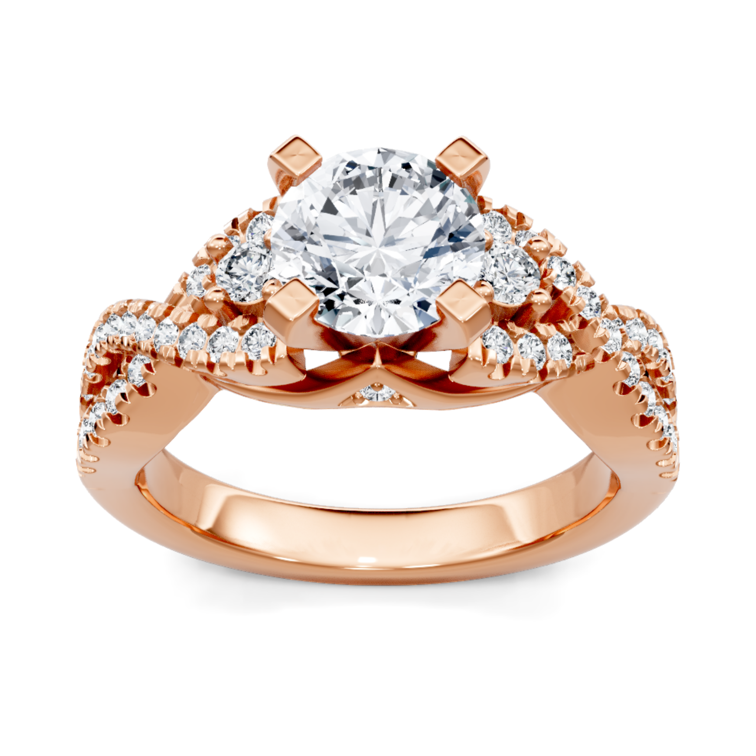 Crafted in 14K Rose' Gold and a pave' setting featuring a round center diamond of 0.38 carats.