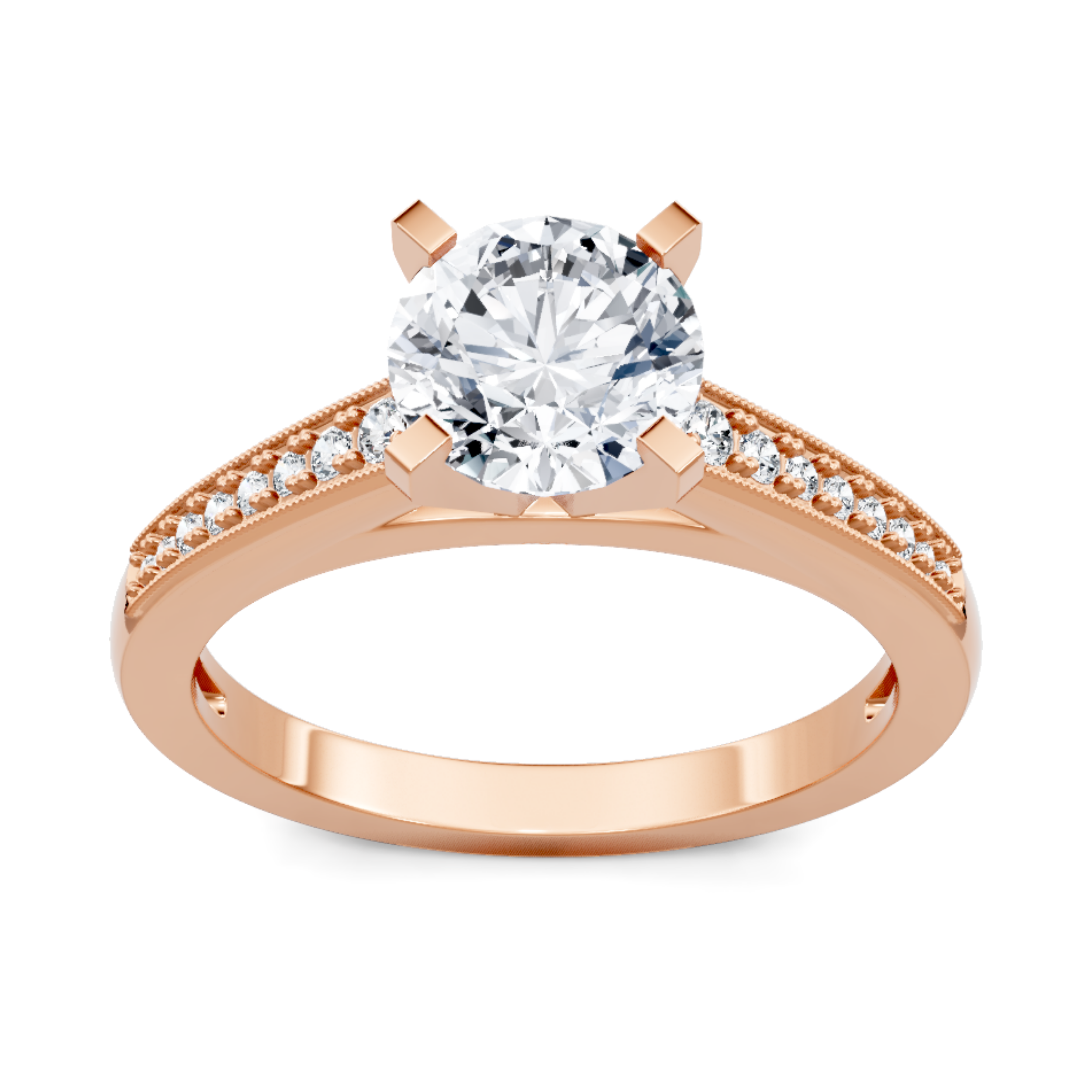 Crafted in 14K Rose' Gold and a pave' setting featuring a round center diamond of 0.17 carats.
