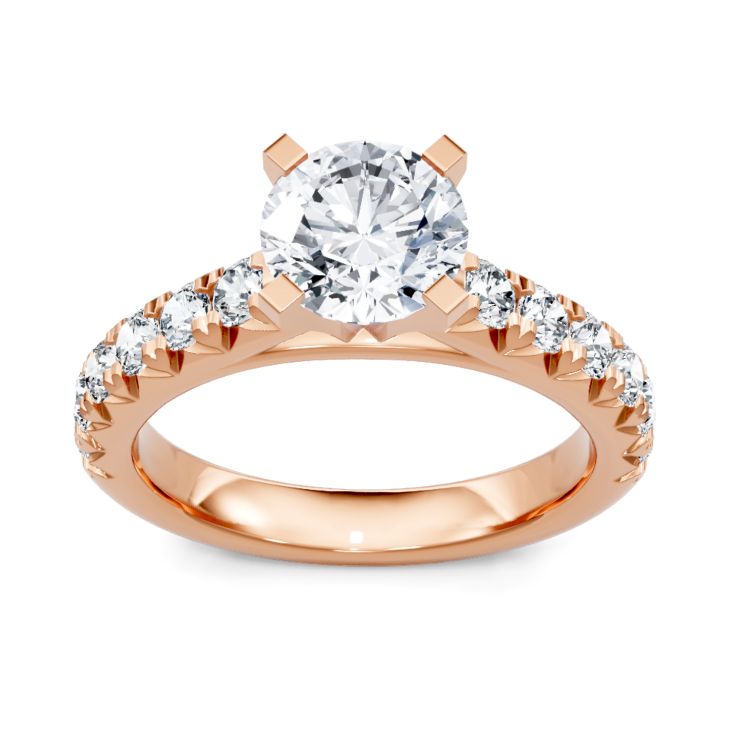 Crafted in 14K Rose' Gold and a pave' setting featuring a round center diamond of 0.62 carats.