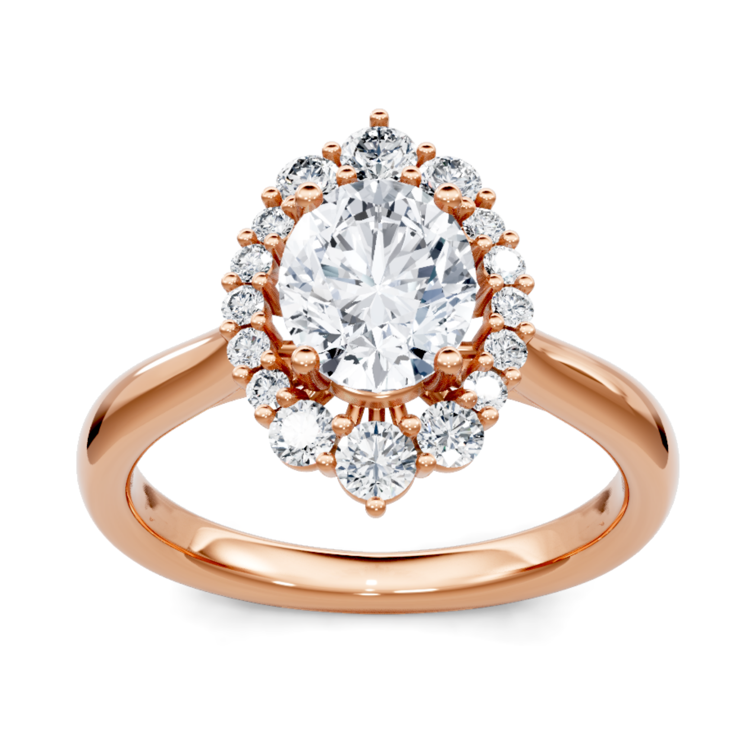 Crafted in 14K Rose' Gold and a halo setting featuring a round, oval center diamond of 0.38 carats.