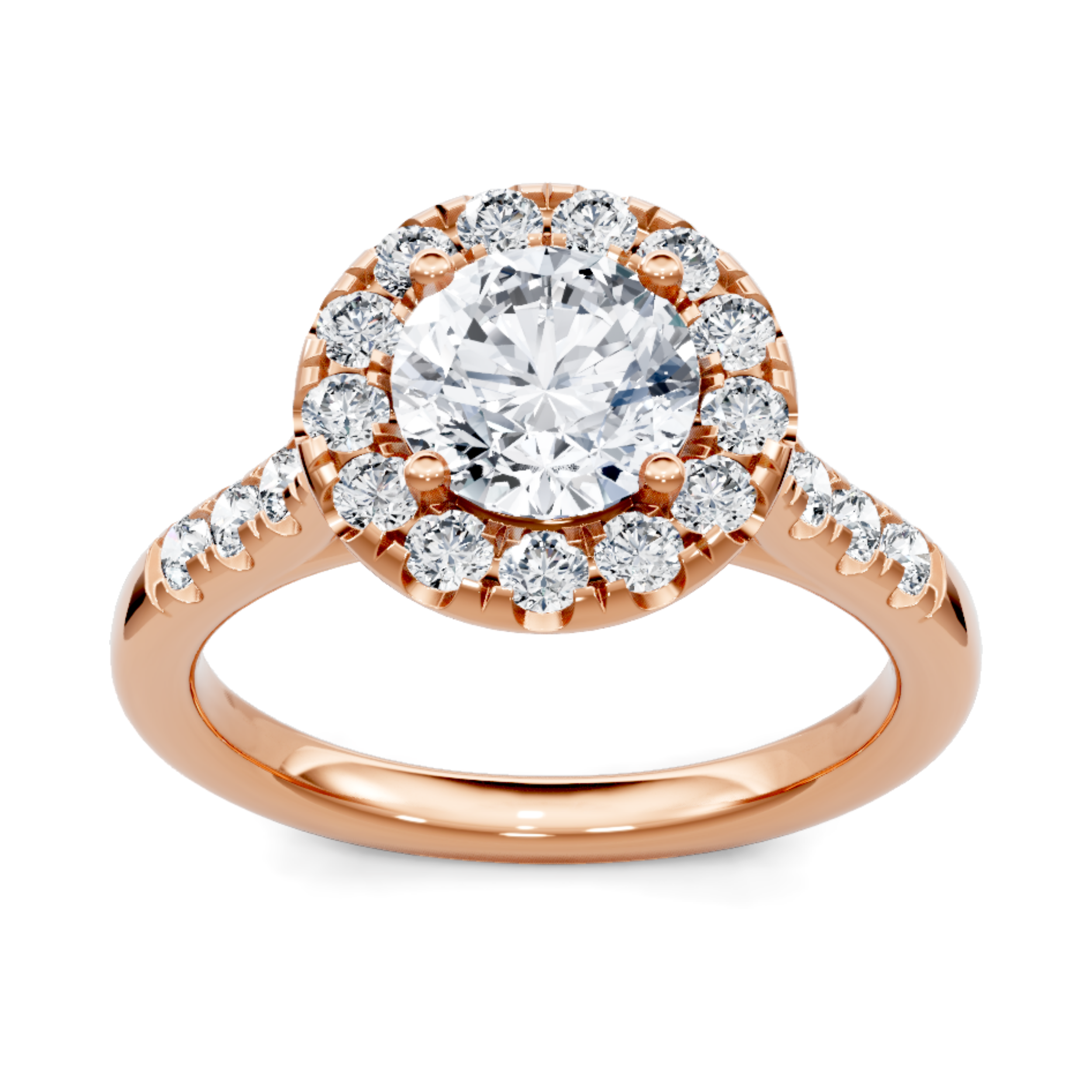 Crafted in 14K Rose' Gold and a halo setting featuring a round center diamond of 0.8 carats.
