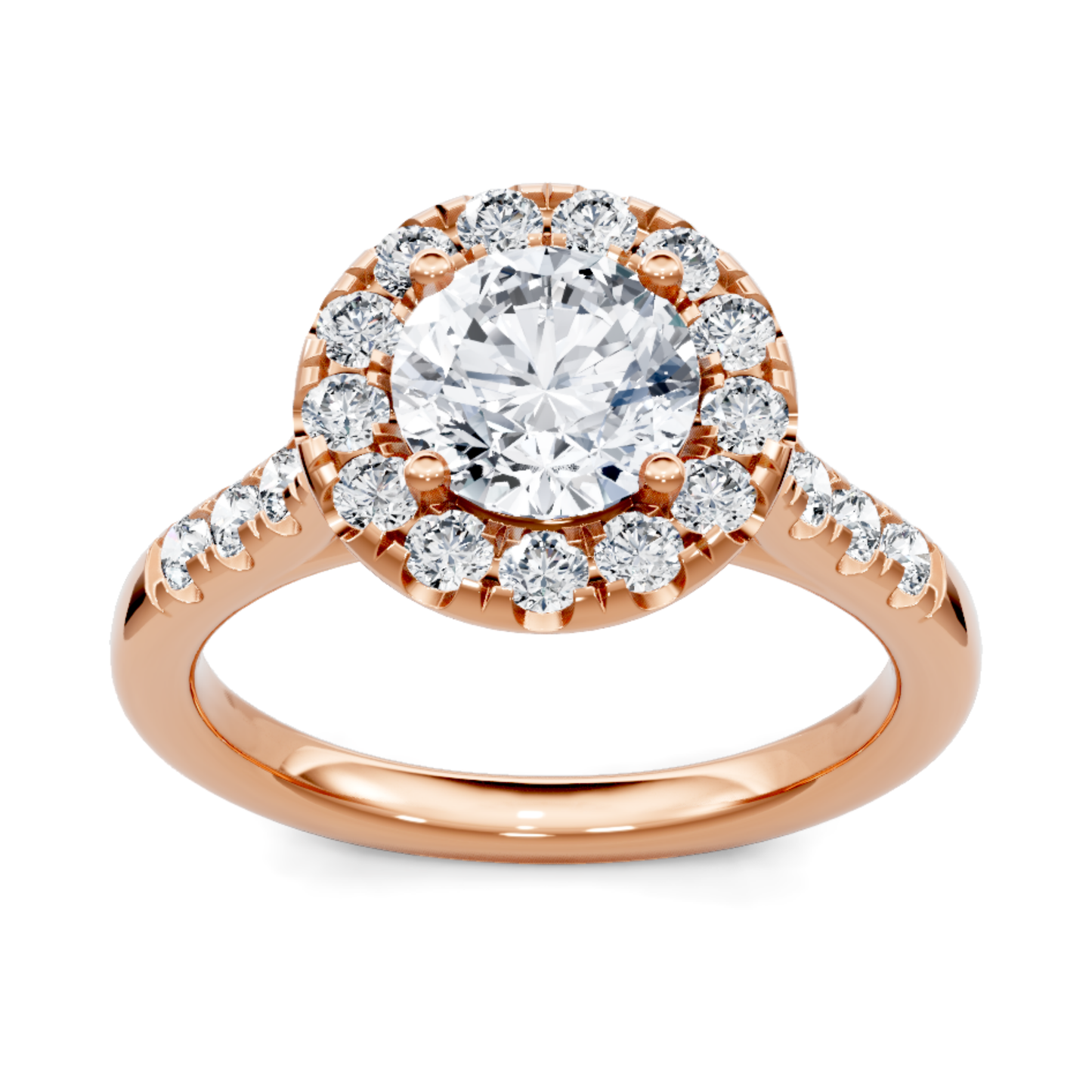 Crafted in 14K Rose' Gold and a halo setting featuring a round center diamond of 0.8 carats.