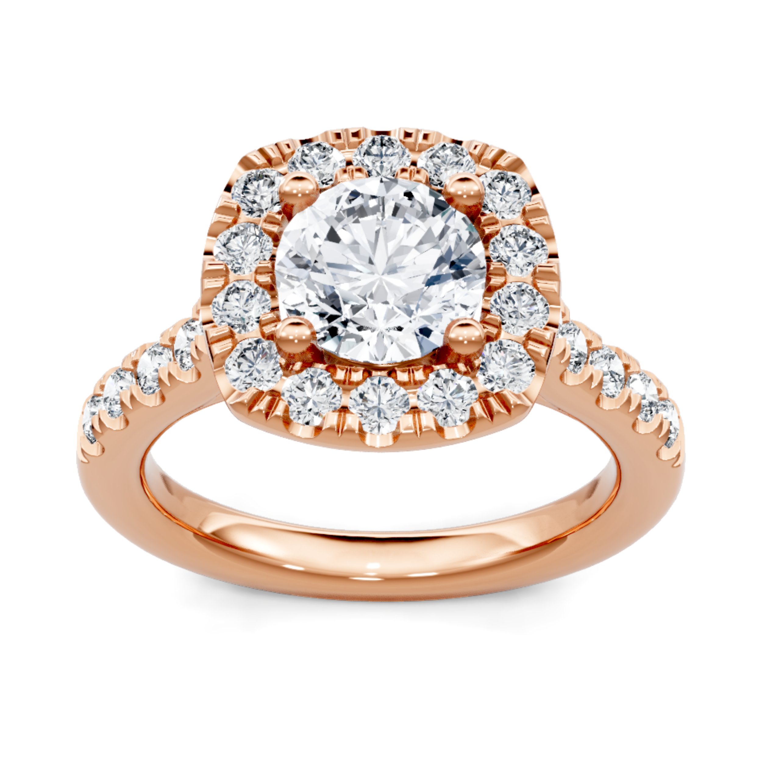 Crafted in 14K Rose' Gold and a halo setting featuring a round center diamond of 0.9 carats.