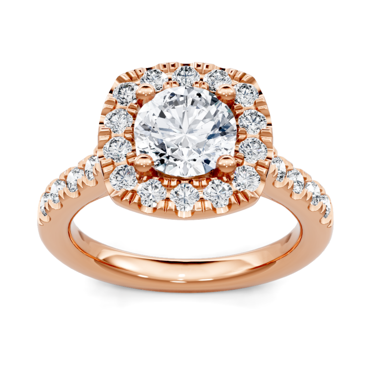 Crafted in 14K Rose' Gold and a halo setting featuring a round center diamond of 0.9 carats.