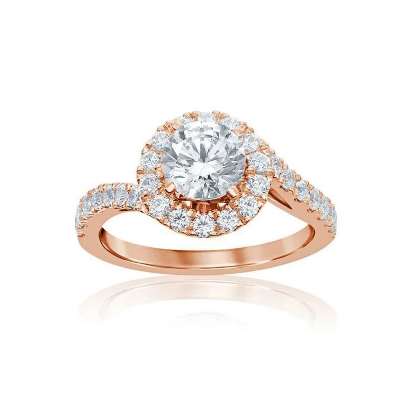 Crafted in 14K Rose' Gold and a halo setting showcasing a refined round profile.