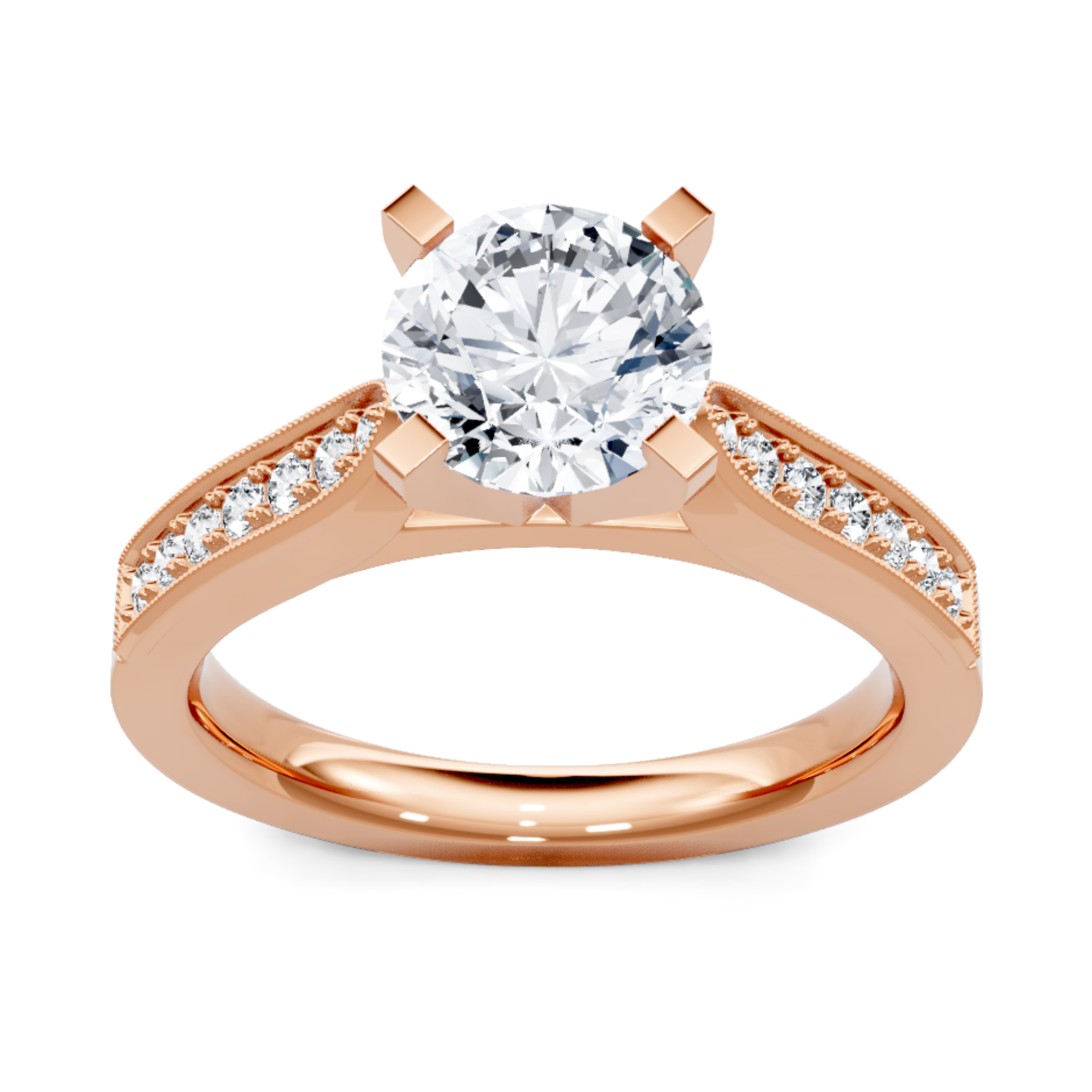 Crafted in 14K Rose' Gold and a pave' setting featuring a round center diamond of 0.17 carats.