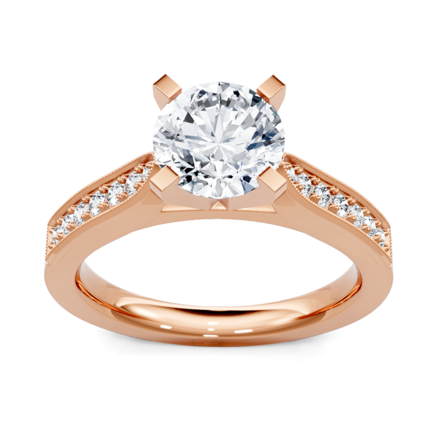 Crafted in 14K Rose' Gold and a pave' setting featuring a round center diamond of 0.17 carats.