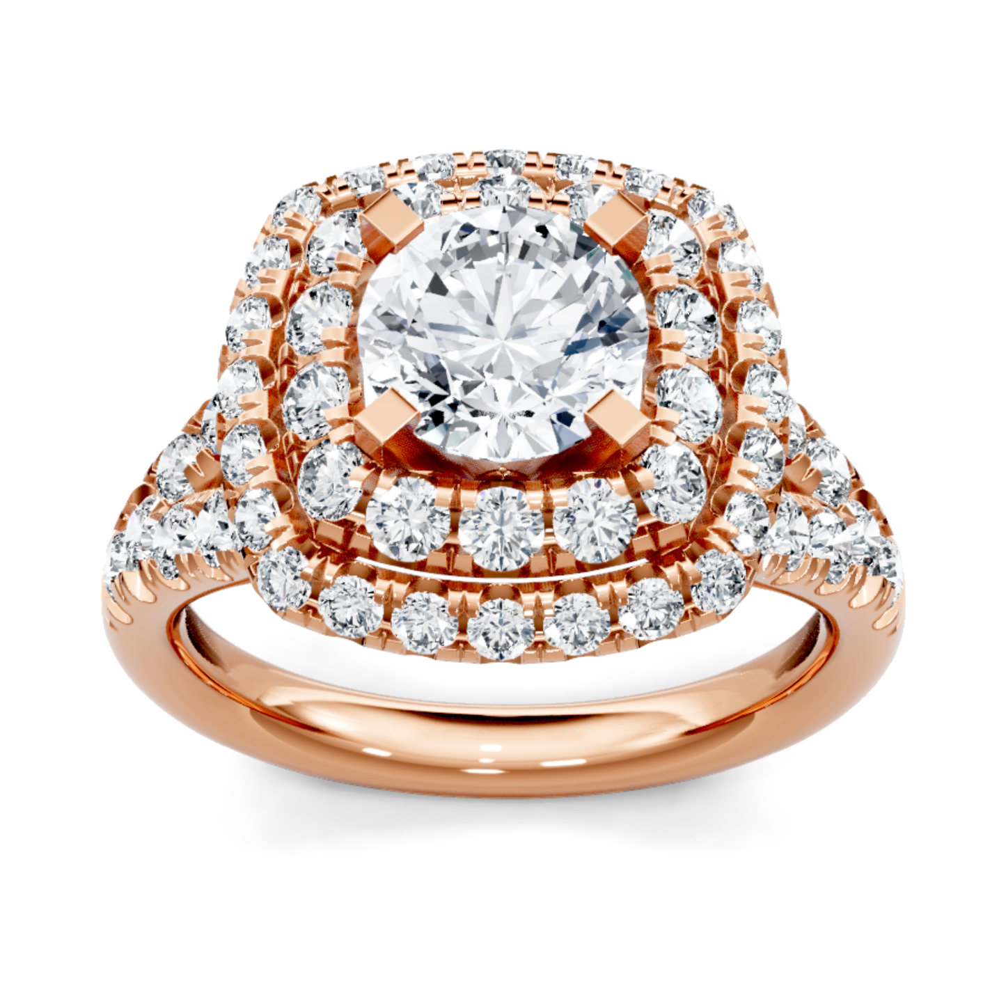 Crafted in 14K Rose' Gold and a halo setting featuring a round, cushion center diamond of 0.1 carats.
