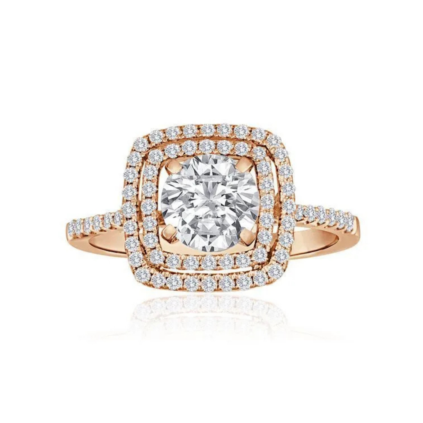 Crafted in 14K Rose' Gold and a halo setting featuring a round center diamond of 0.33 carats.