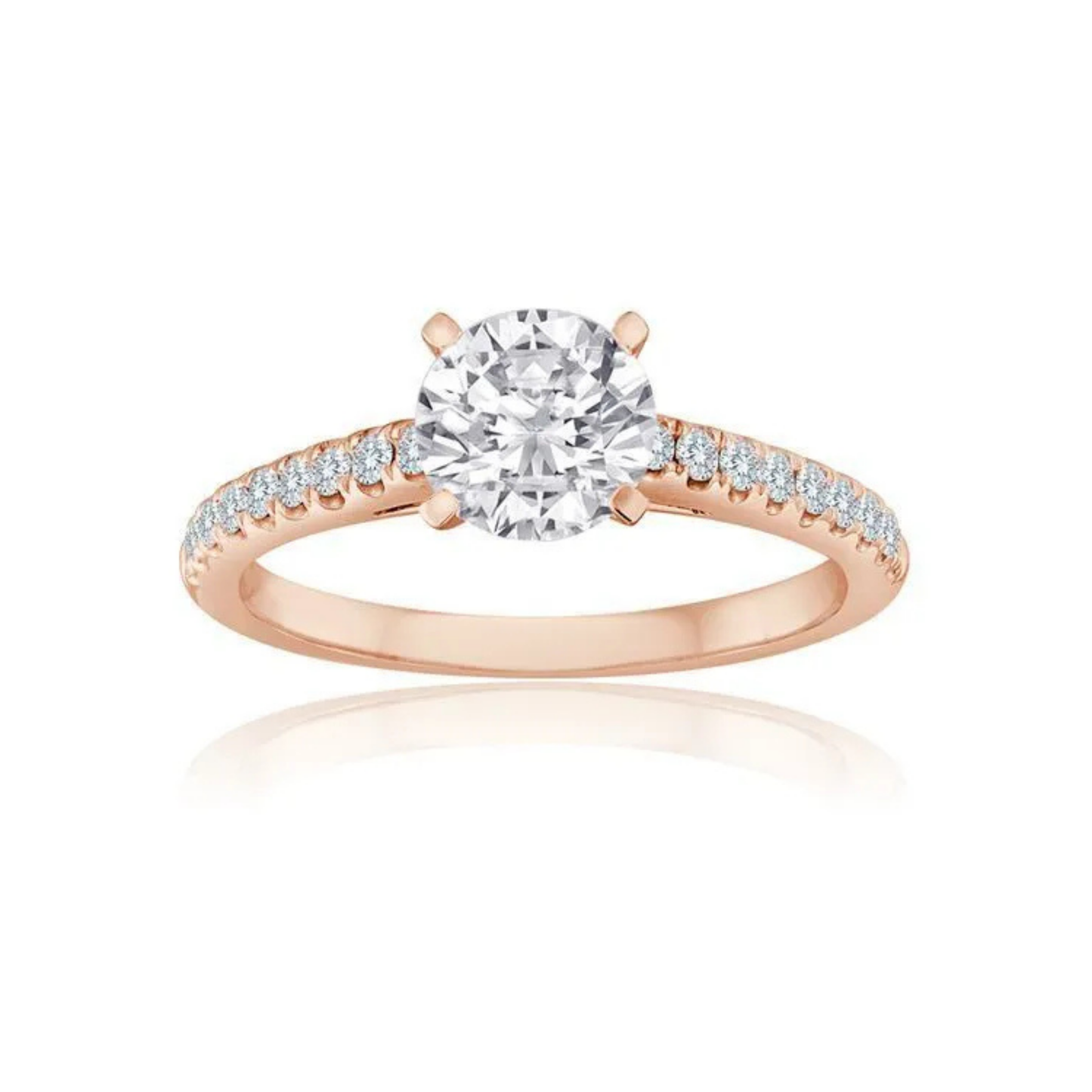 Crafted in 14K Rose' Gold and a pave' setting featuring a round center diamond of 0.25 carats.