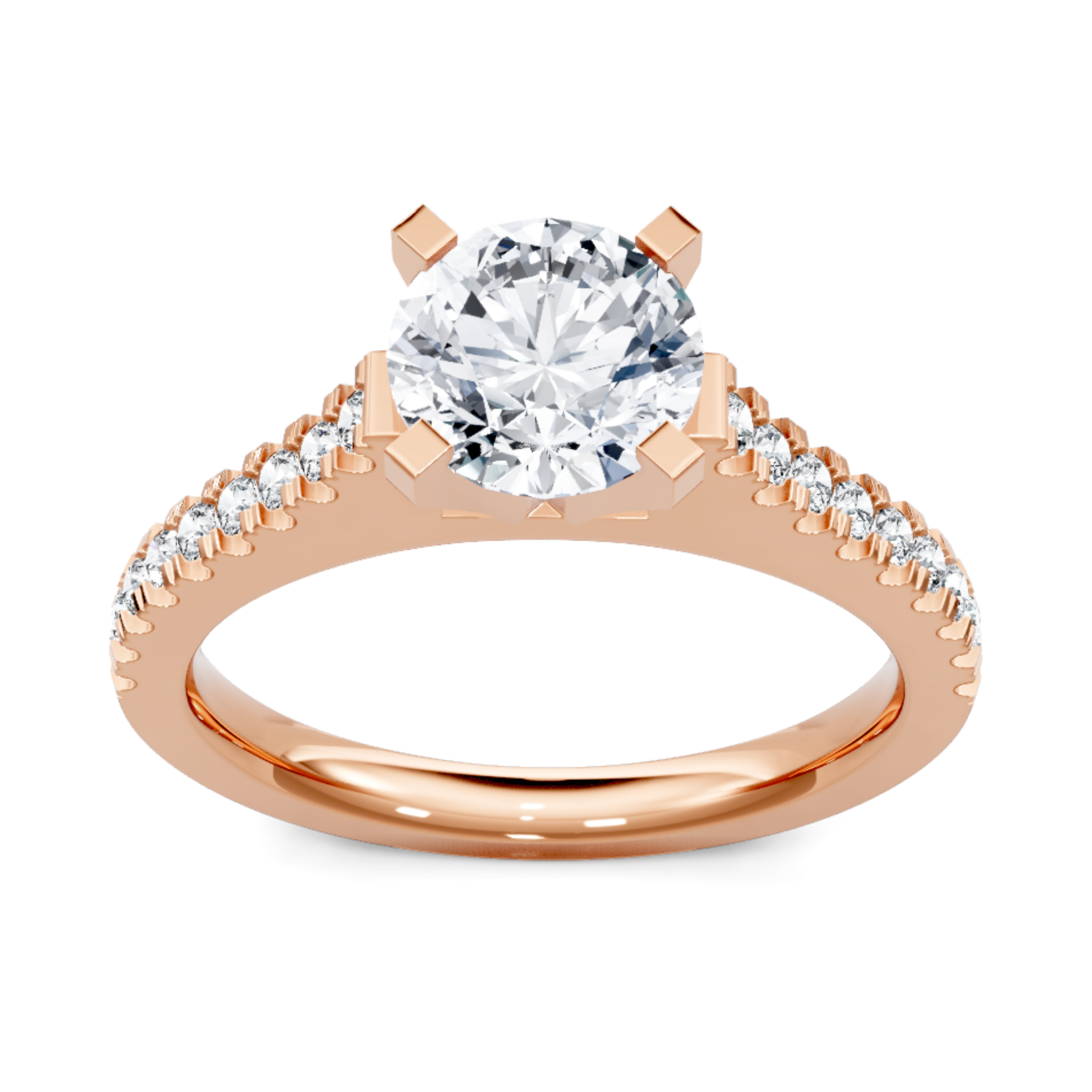 Crafted in 14K Rose' Gold and a pave' setting featuring a round center diamond of 0.25 carats.